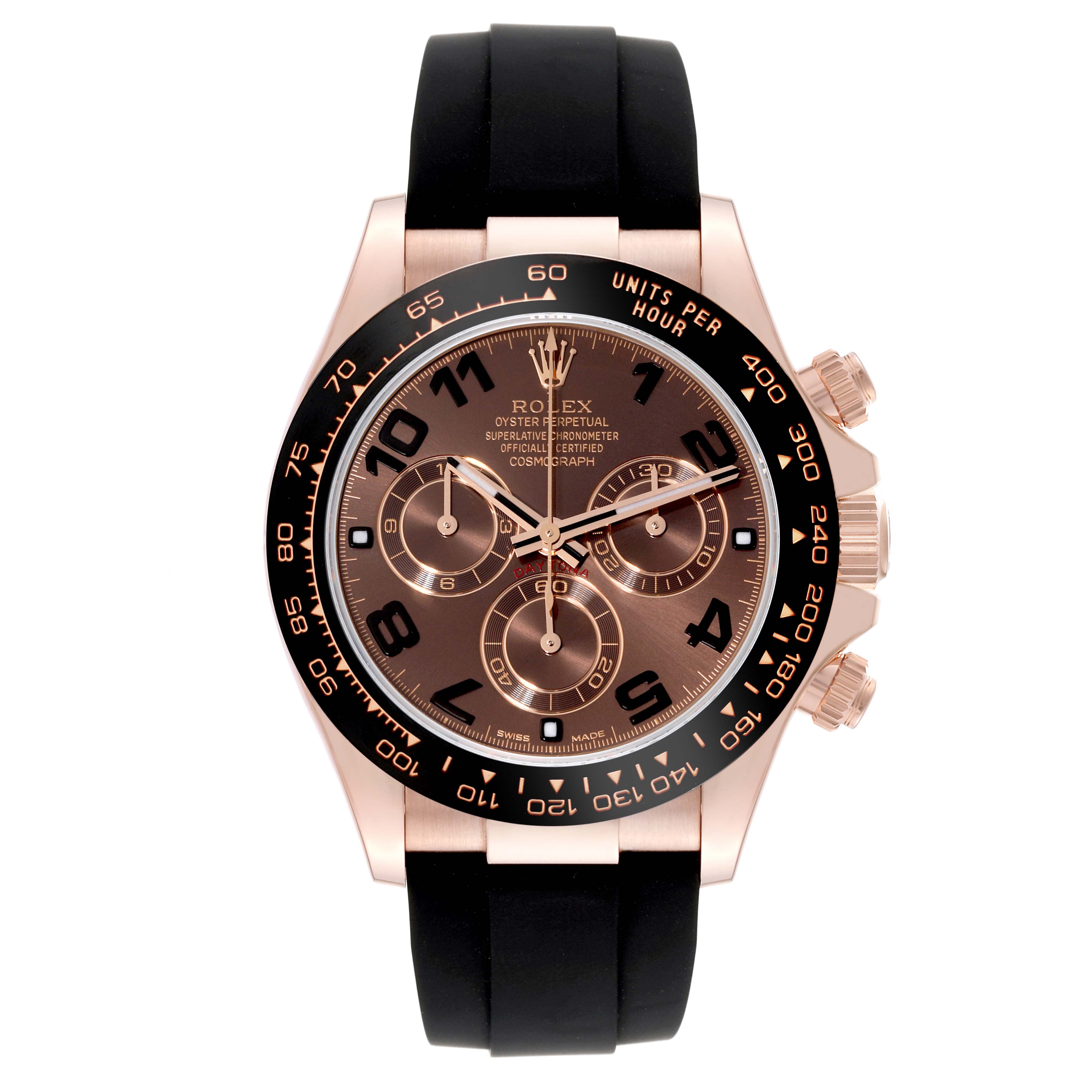 The image shows a Rolex Daytona 116515 Men's Rose Gold Black Dial 116515 Men's Rose Gold Black Dial watch from a front angle, displaying the dial, bezel, and black strap.