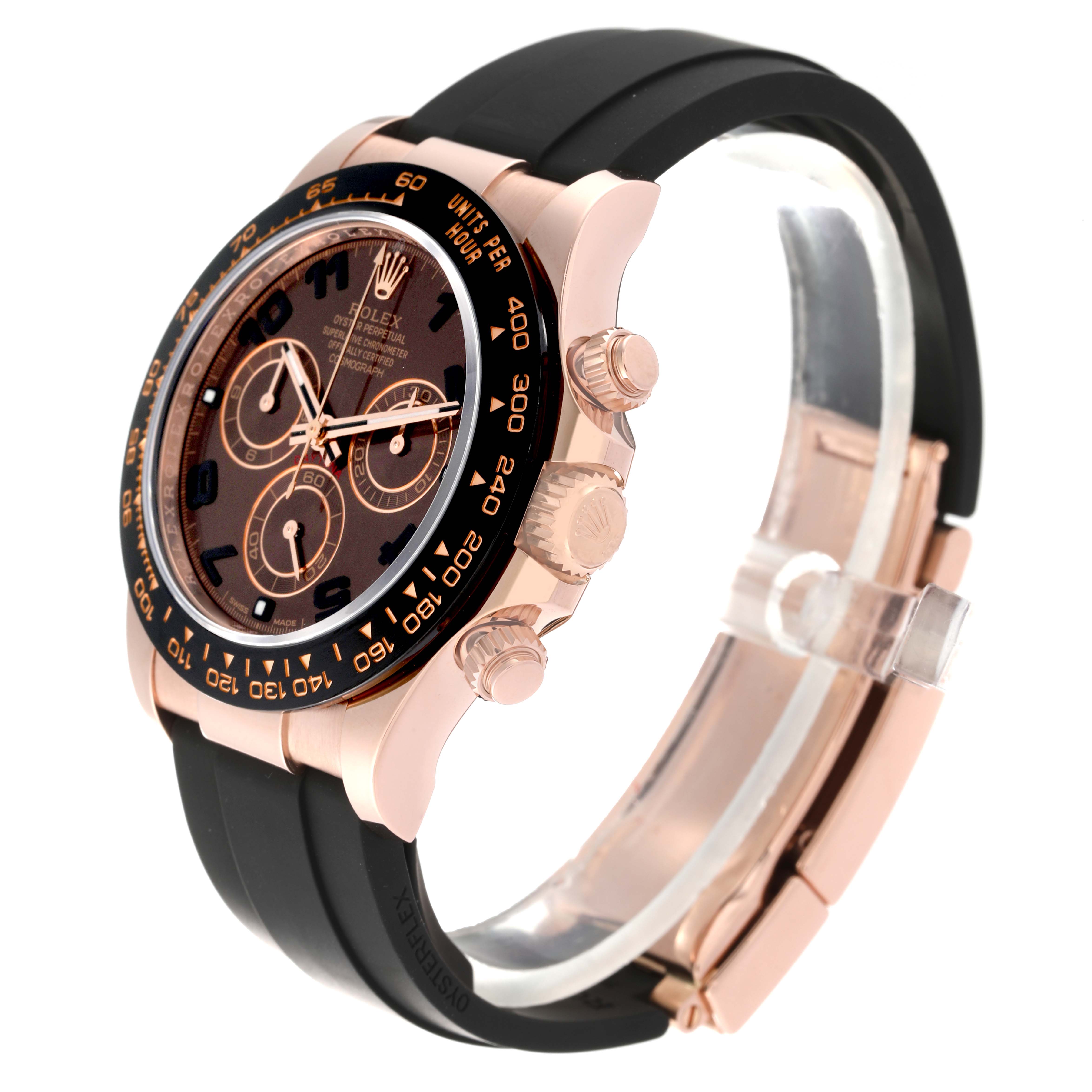 This image shows a side angle of the Rolex Daytona 116515 Men's Rose Gold Black Dial 116515 Men's Rose Gold Black Dial watch, highlighting its dial, bezel, case, and strap.