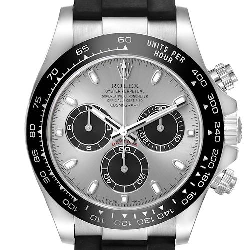 The Rolex Daytona 116519LN Men's White Gold Silver Dial watch is shown from the front, displaying its dial, bezel, and pushers.