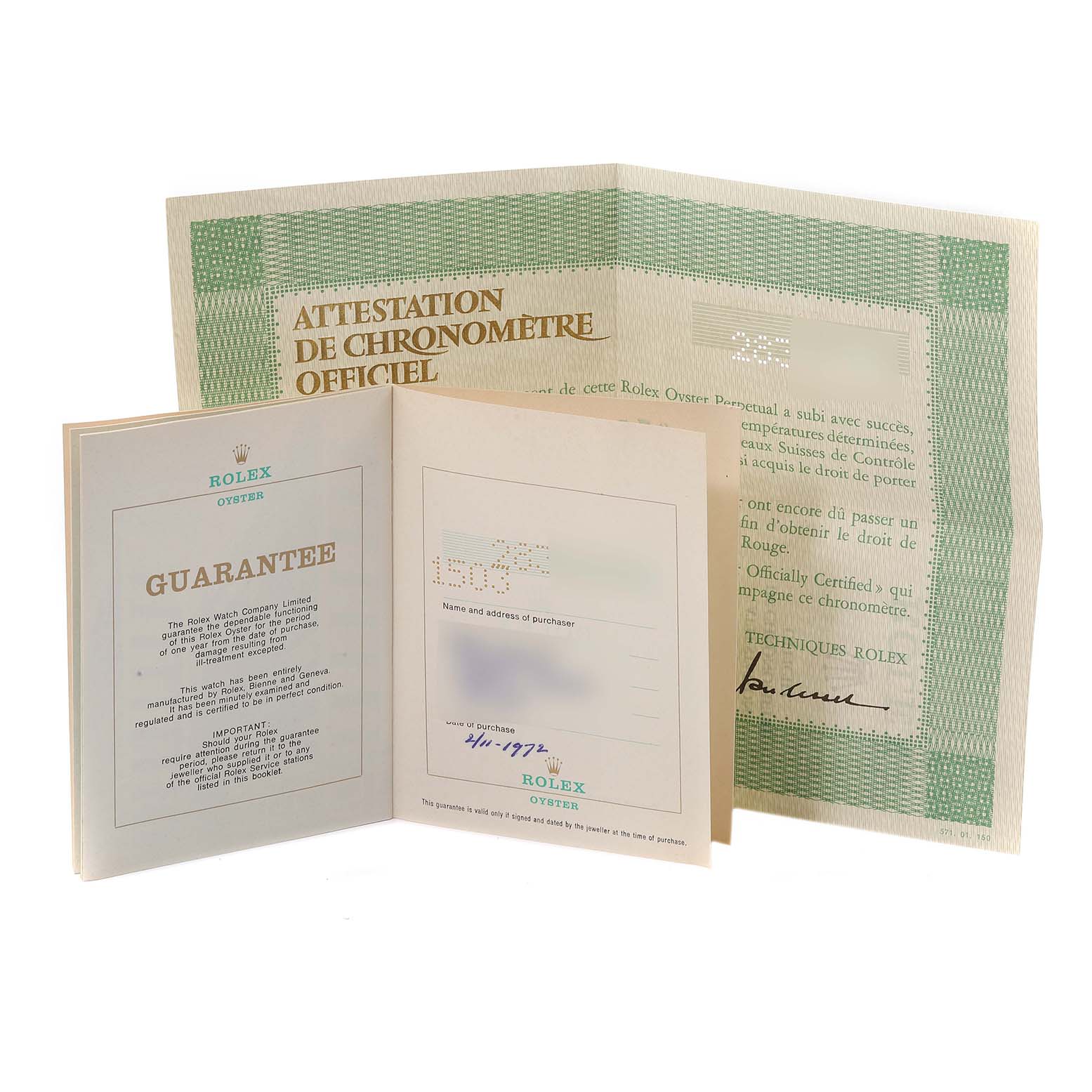 The image shows guarantee paperwork and official certification documents for a Rolex Vintage Collection 1503 Men's Yellow Gold Silver Dial 1503 Men's Yellow Gold Silver Dial model.