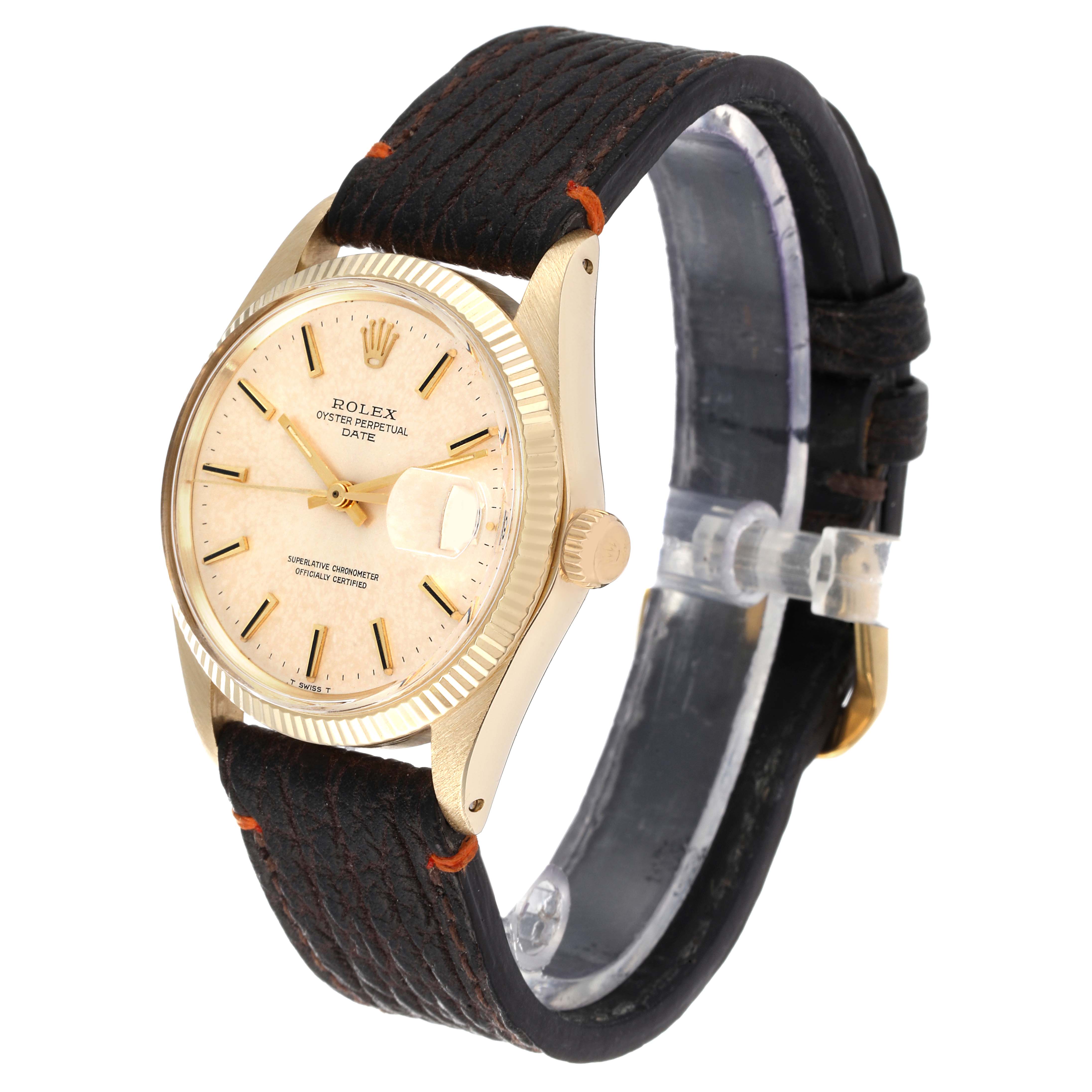 This image shows a side angle of a Rolex Vintage Collection 1503 Men's Yellow Gold Silver Dial 1503 Men's Yellow Gold Silver Dial Oyster Perpetual Date watch, highlighting the dial, crown, and leather strap.