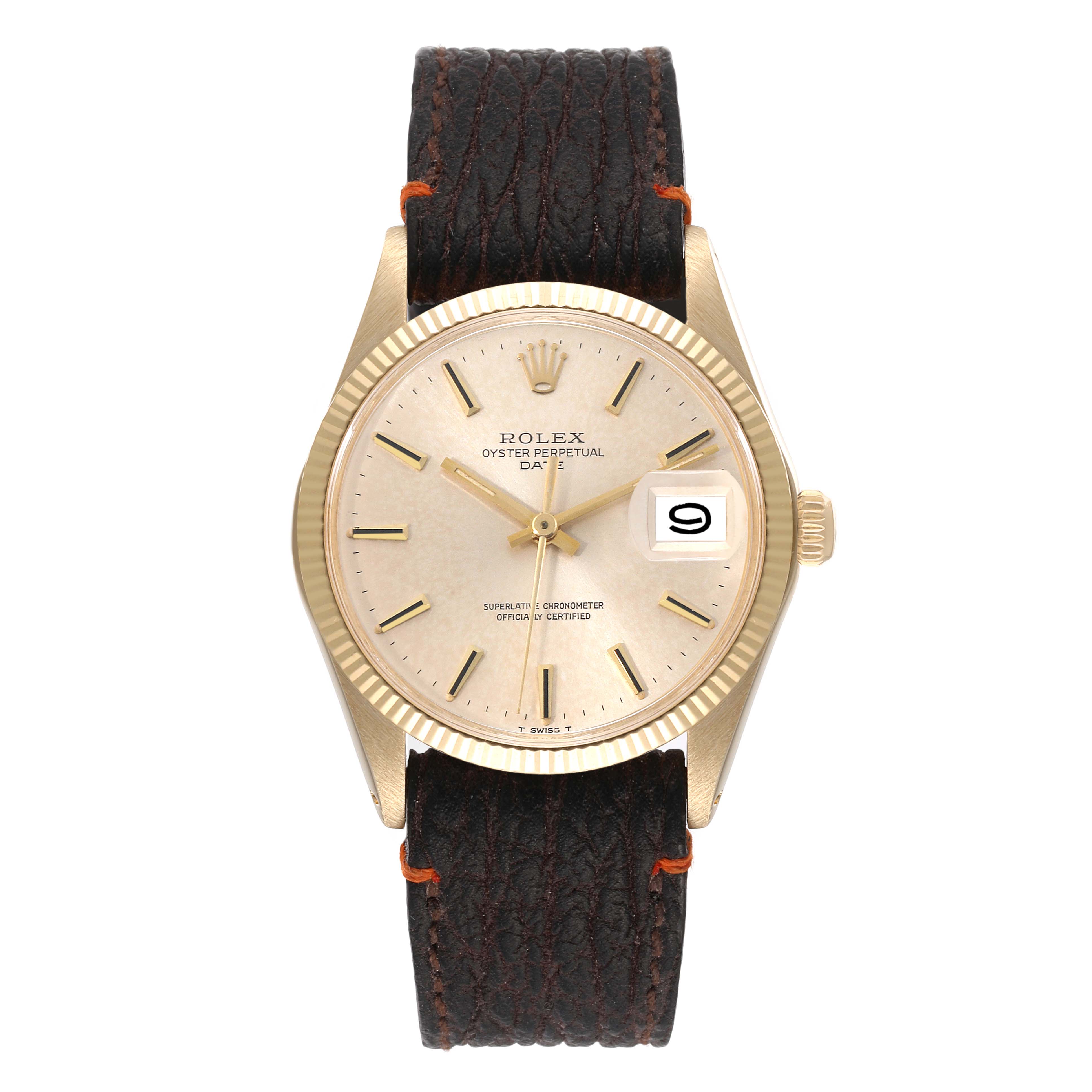 The image shows a front view of a Vintage Collection Rolex Oyster Perpetual Date watch with a dark brown leather strap.