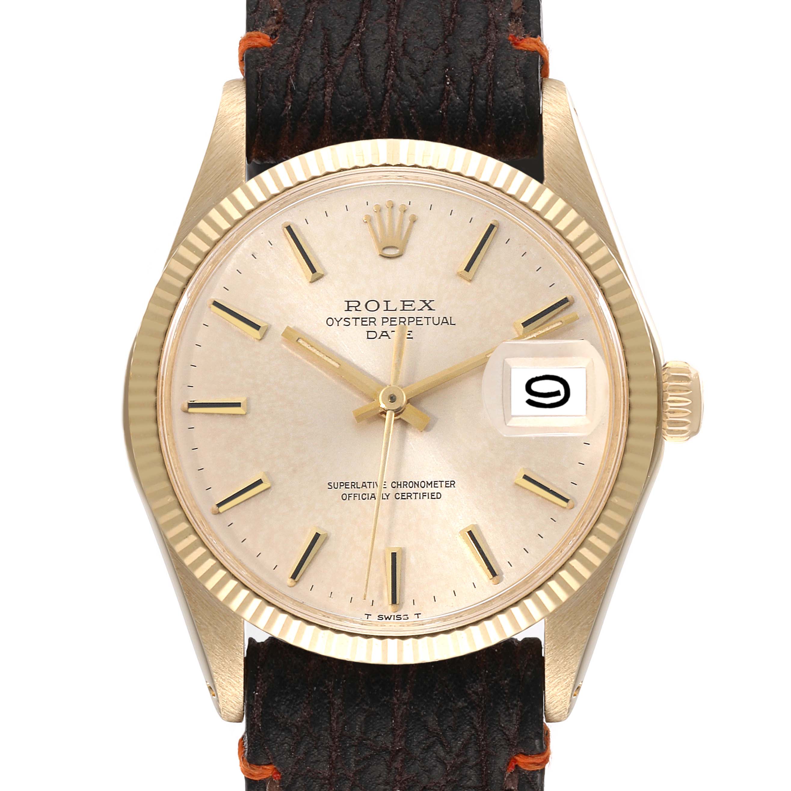 This image shows a front view of the Rolex Vintage Collection 1503 Men's Yellow Gold Silver Dial 1503 Men's Yellow Gold Silver Dial Oyster Perpetual Date watch, highlighting its dial and strap.