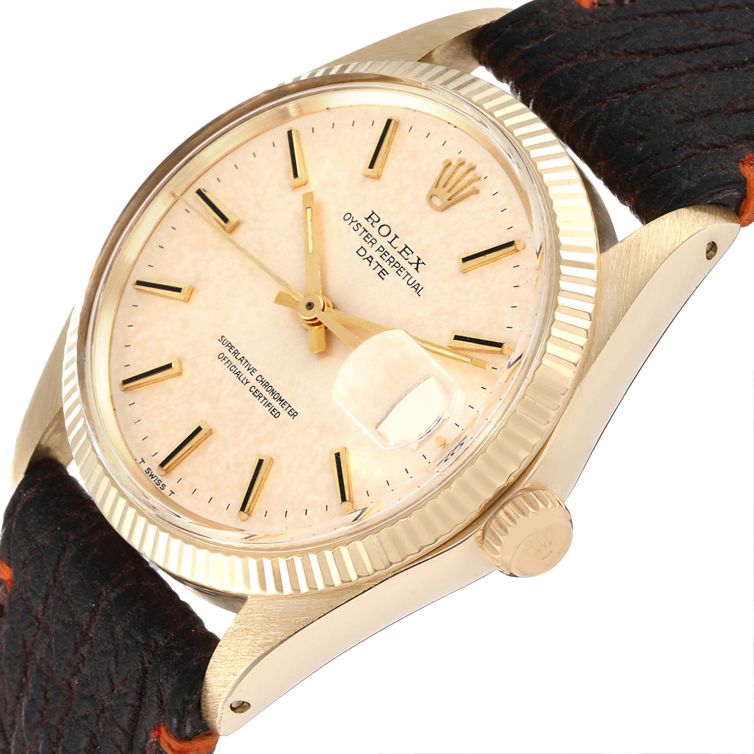 This image shows a close-up of the Rolex Vintage Collection 1503 Men's Yellow Gold Silver Dial 1503 Men's Yellow Gold Silver Dial watch, highlighting the face, crown, date window, and part of the strap.