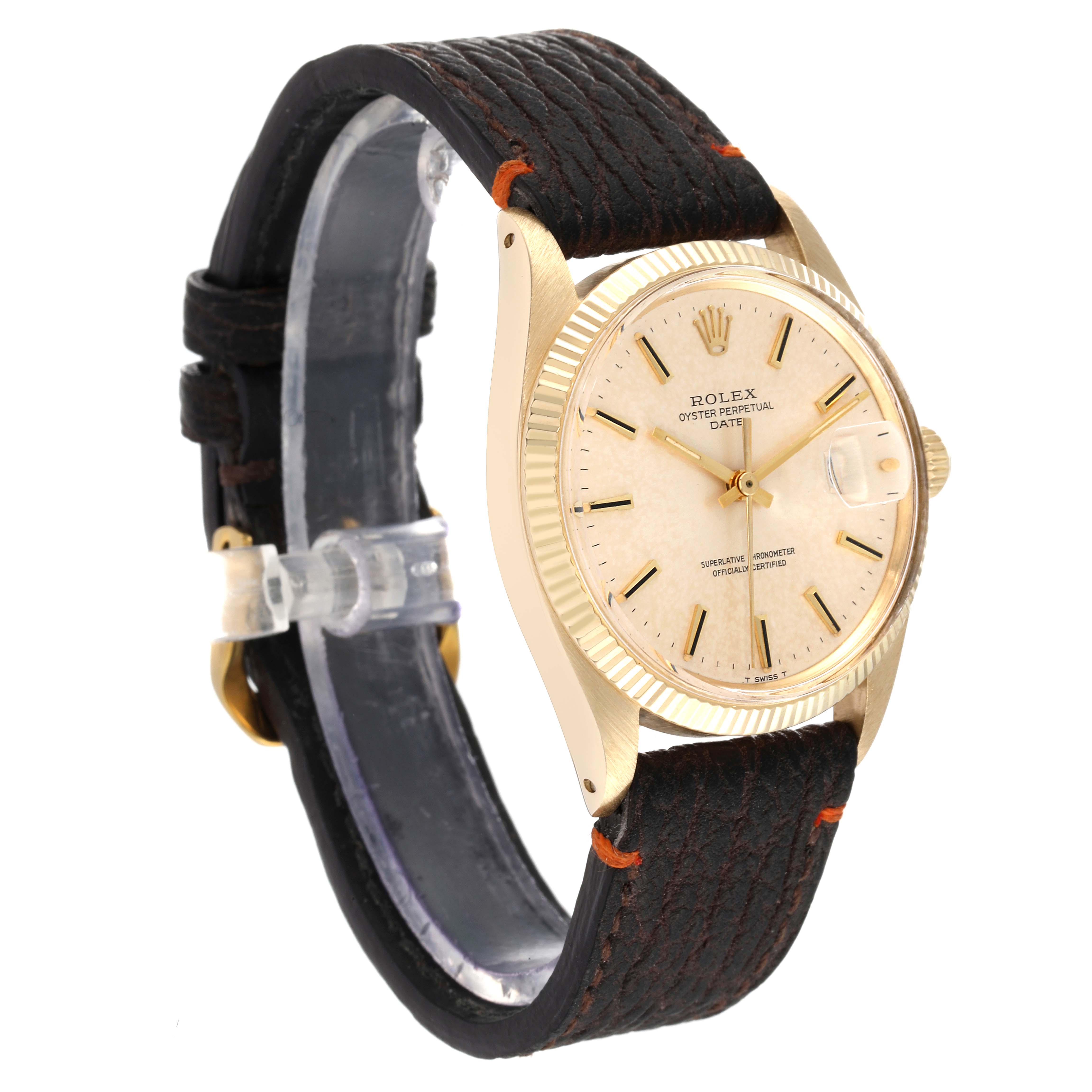 The image shows a slight angled view of the Rolex Vintage Collection 1503 Men's Yellow Gold Silver Dial 1503 Men's Yellow Gold Silver Dial watch, highlighting its black leather strap and gold case.