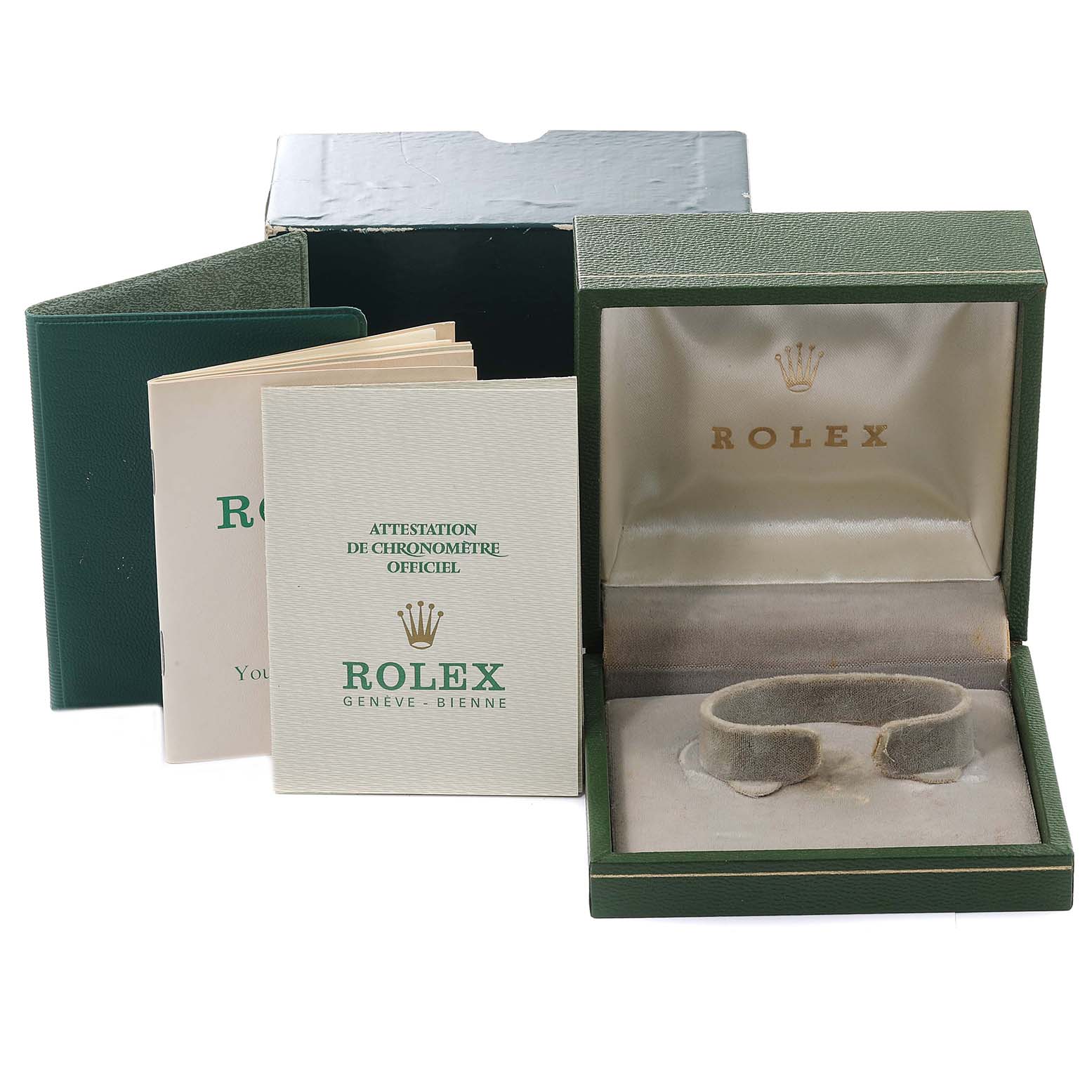 The image shows the packaging, manual, and authenticity papers for a Rolex Vintage Collection 1503 Men's Yellow Gold Silver Dial 1503 Men's Yellow Gold Silver Dial watch.