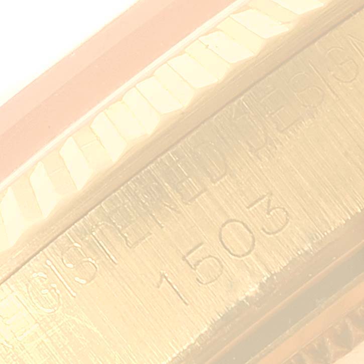 This image shows a close-up of the case edge and model number "1503" on a Rolex Vintage Collection 1503 Men's Yellow Gold Silver Dial 1503 Men's Yellow Gold Silver Dial watch.