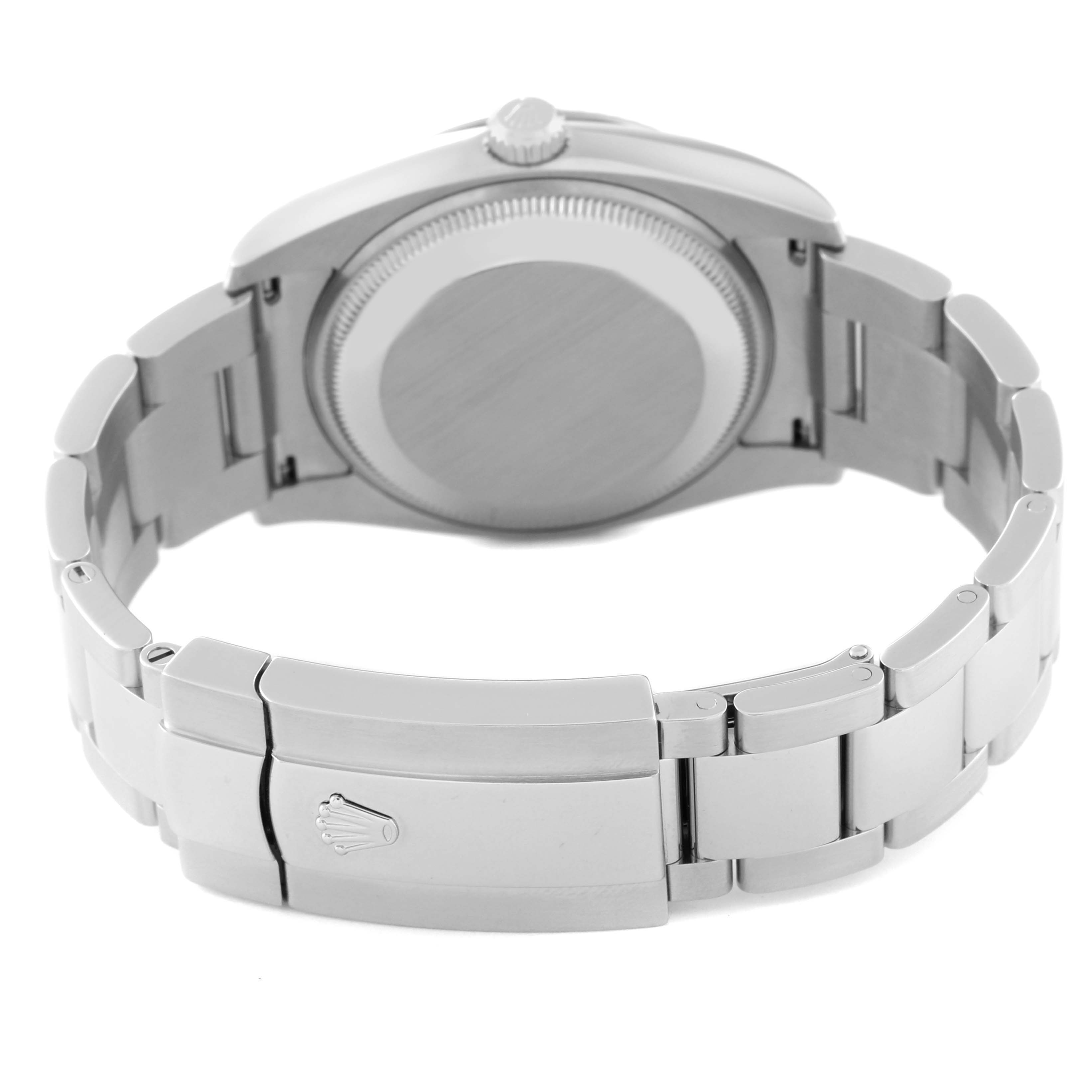 This image shows the back case and bracelet clasp of a Rolex Date 115234 Men's Stainless Steel Silver Dial 115234 Men's Stainless Steel Silver Dial model watch.