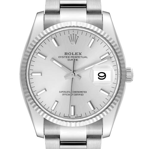 The image shows a front view of a Rolex Oyster Perpetual Date model watch, highlighting the dial, hands, fluted bezel, and bracelet.