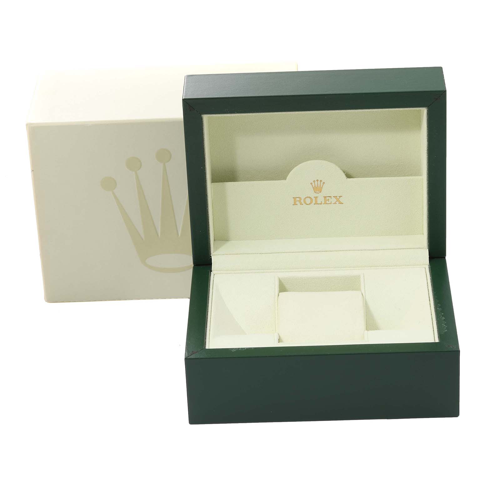 This image shows a Rolex Date 115234 Men's Stainless Steel Silver Dial 115234 Men's Stainless Steel Silver Dial model watch box, open to reveal its beige interior and compartments, with its outer box behind.