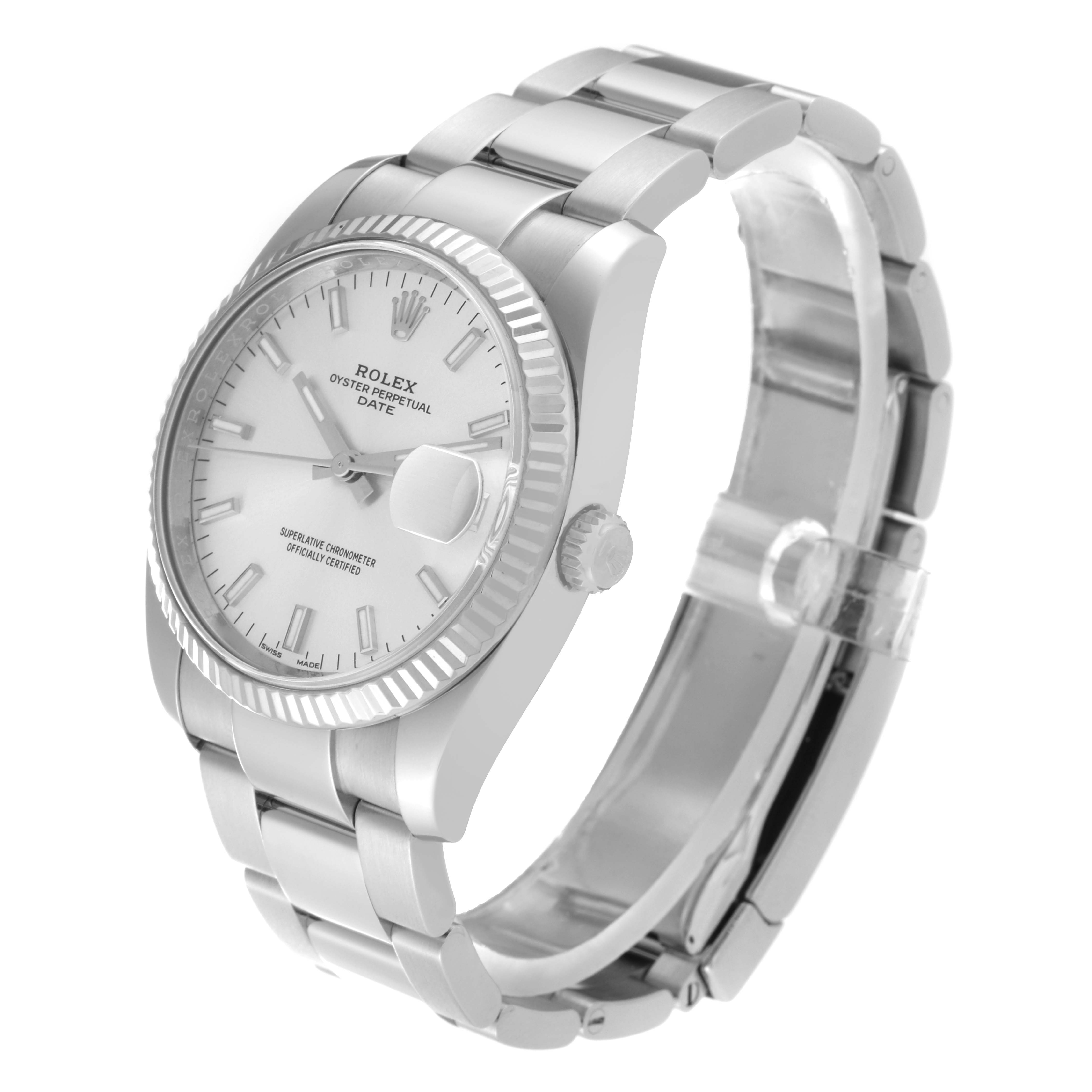 The image shows a Rolex Date 115234 Men's Stainless Steel Silver Dial 115234 Men's Stainless Steel Silver Dial model watch at an angled side view, displaying its face, bezel, crown, and bracelet.