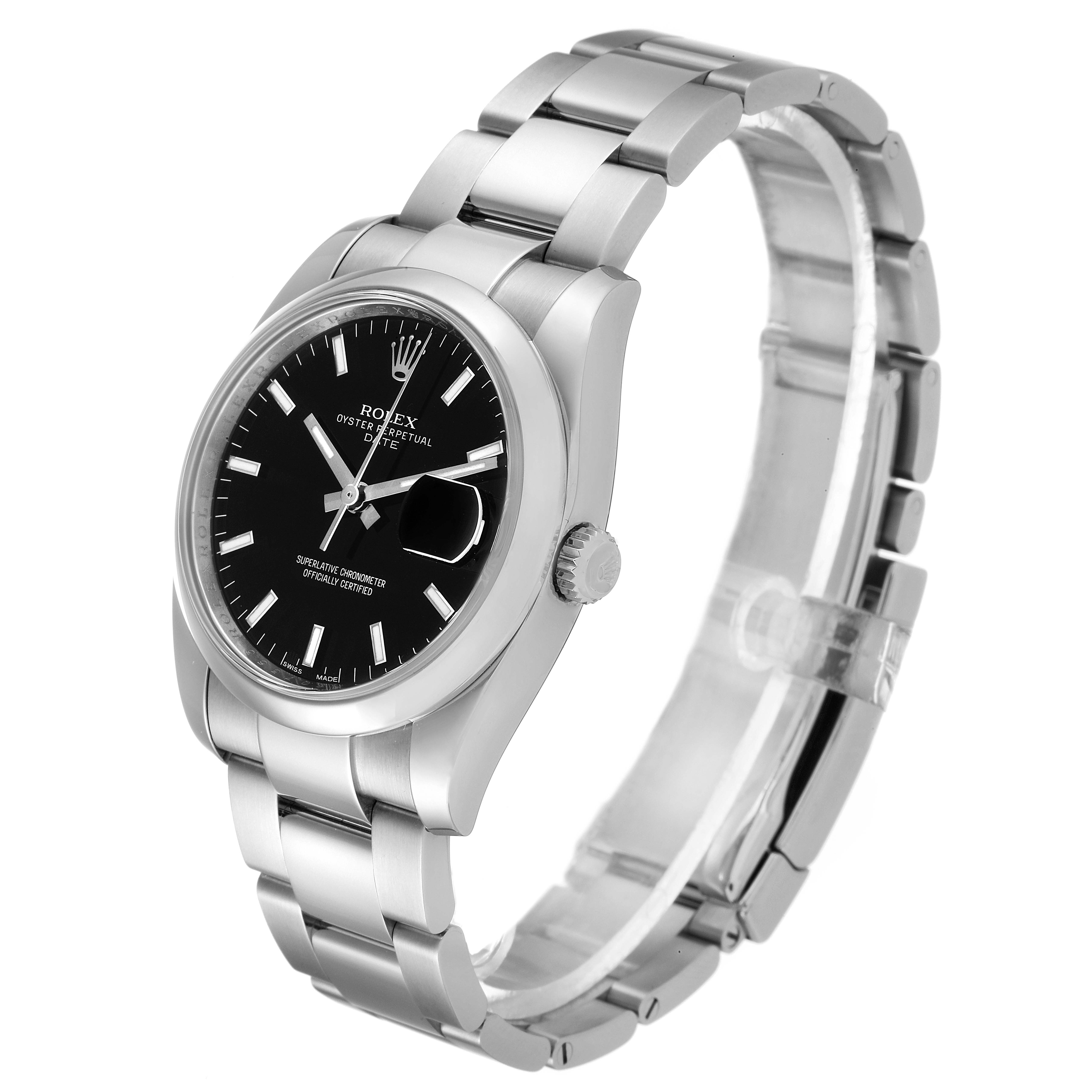 The image shows a Rolex Date 115200 Men's Stainless Steel Black Dial 115200 Men's Stainless Steel Black Dial model watch at an angled side view, highlighting the face, bezel, crown, and bracelet.