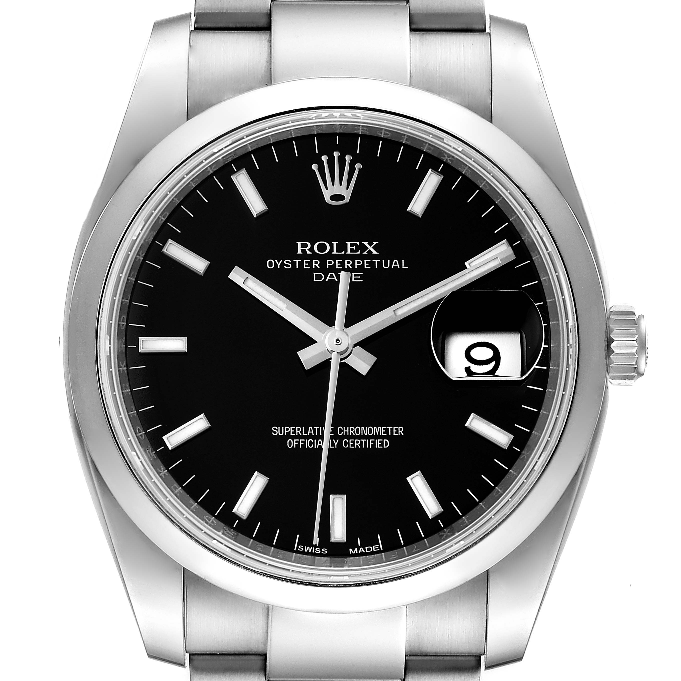 This image shows a frontal view of the Rolex Date 115200 Men's Stainless Steel Black Dial 115200 Men's Stainless Steel Black Dial model watch, displaying the dial, hands, date window, crown, and part of the bracelet.