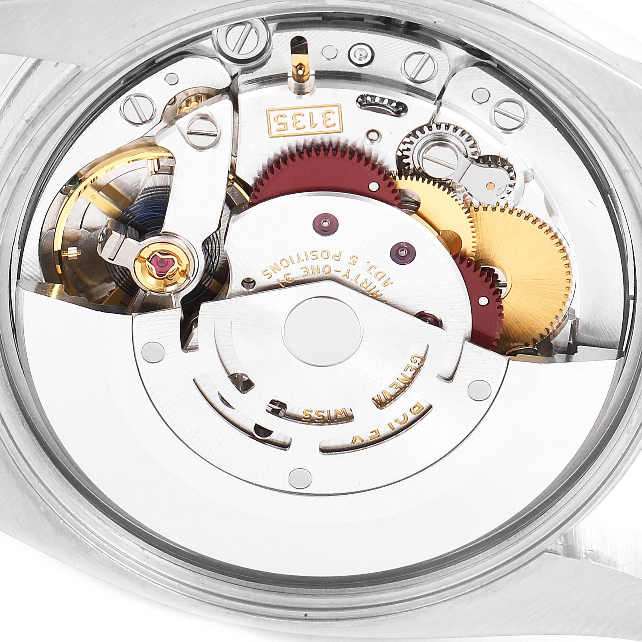 The image shows a close-up of the movement, with gears and mechanisms visible, from the back of a Rolex Date 115200 Men's Stainless Steel Black Dial 115200 Men's Stainless Steel Black Dial model watch.