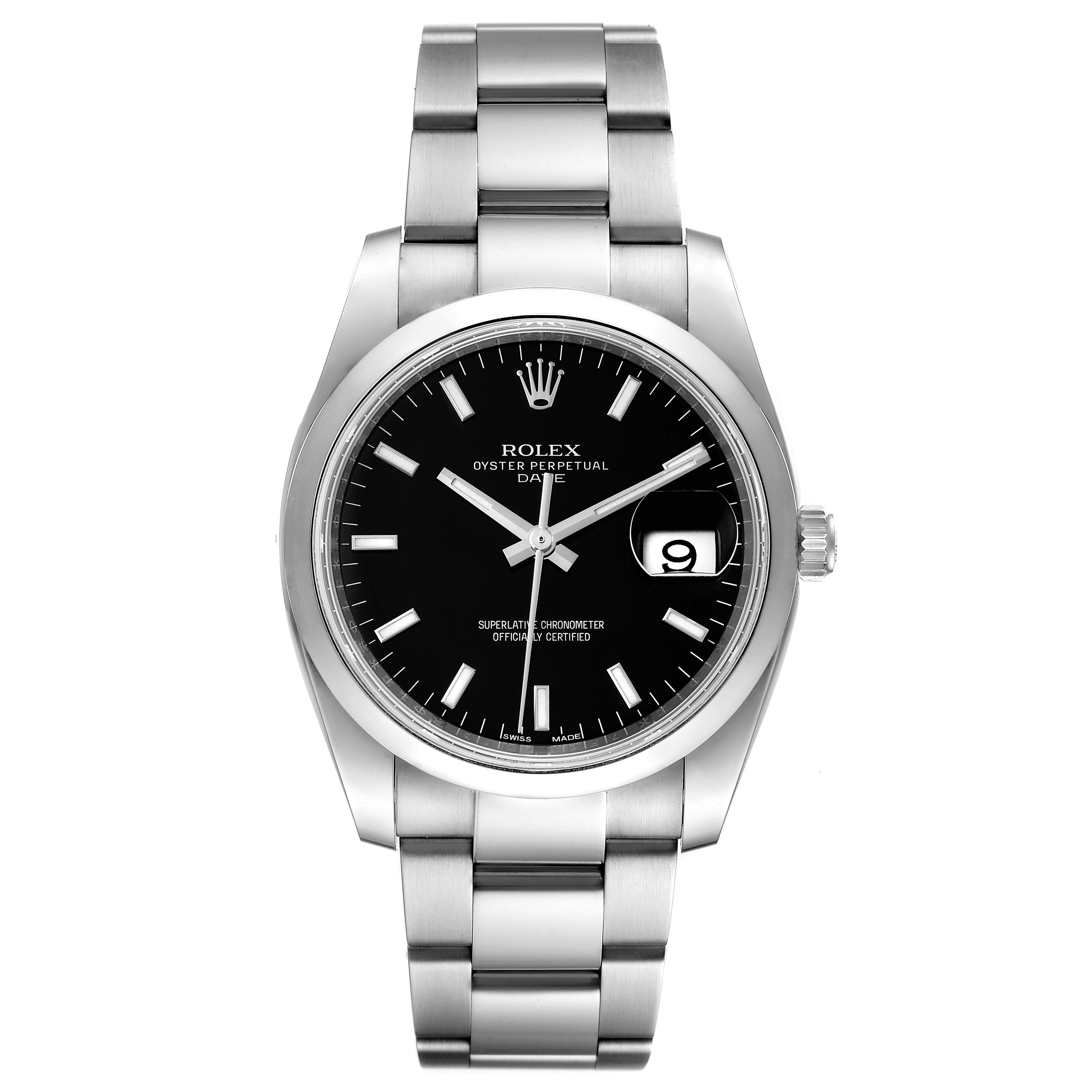 This is a front view of the Rolex Oyster Perpetual Date watch, showing the dial, bezel, bracelet, and crown.