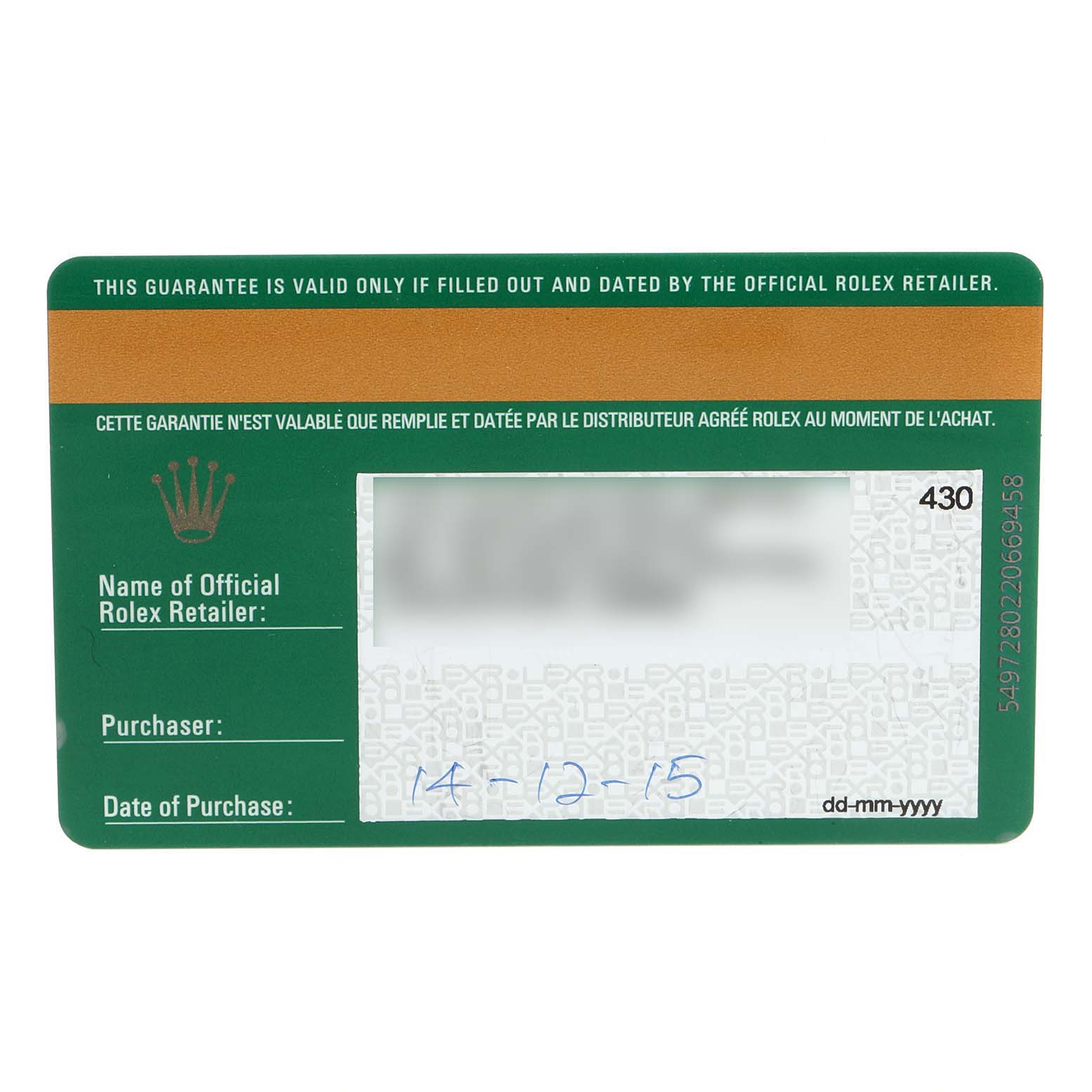 The image shows a warranty card for a Rolex Date 115200 Men's Stainless Steel Black Dial 115200 Men's Stainless Steel Black Dial model watch.