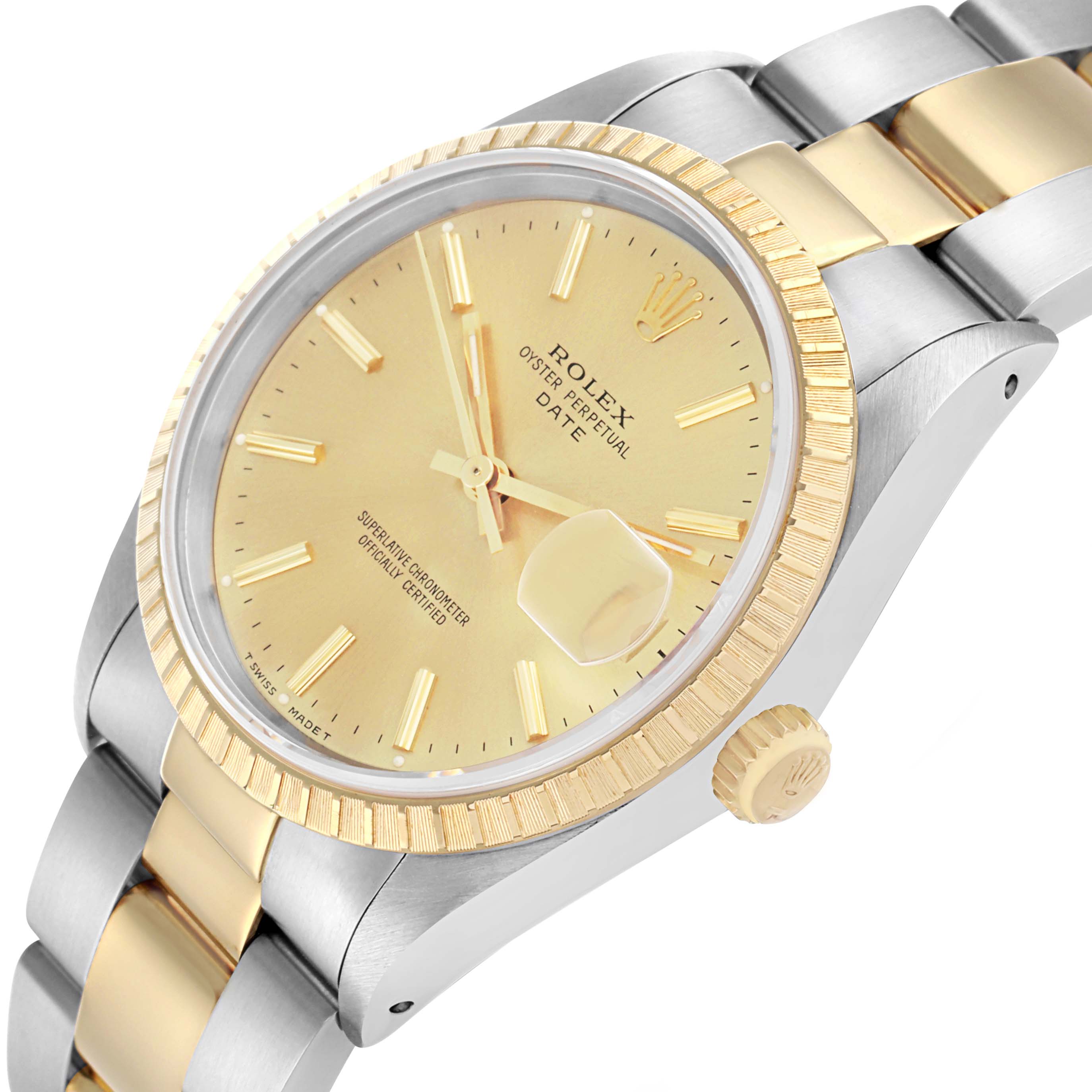 The Rolex Date 15223 Men's Steel and Gold (two tone) Champagne Dial model watch is shown at a side angle, displaying the bracelet, dial, bezel, and crown.