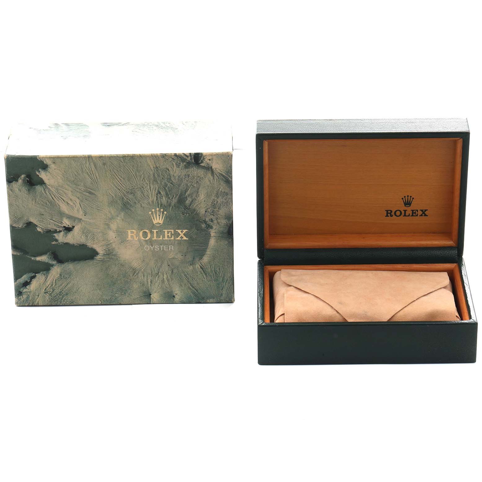 The image shows a Rolex watch box for the Date model, including an outer box and an inner open wooden box with the Rolex logo.