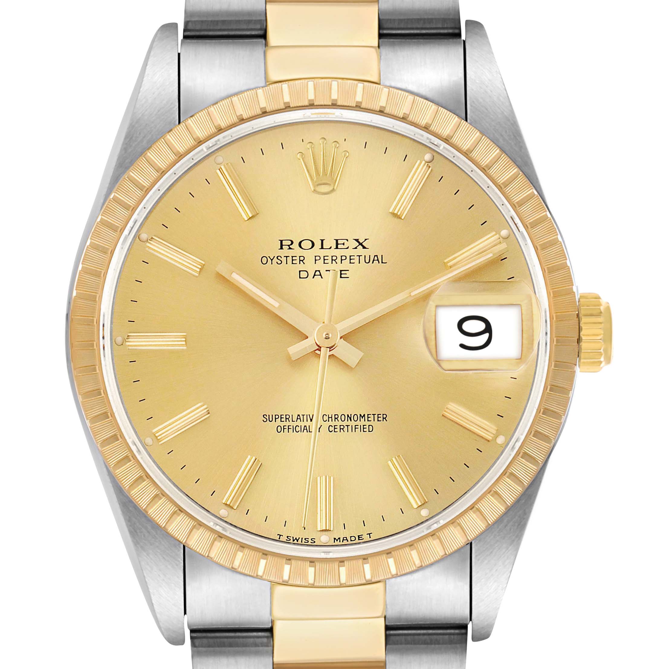 The Rolex Date 15223 Men's Steel and Gold (two tone) Champagne Dial watch is shown from the front, highlighting the gold dial, bezel, and two-tone bracelet.