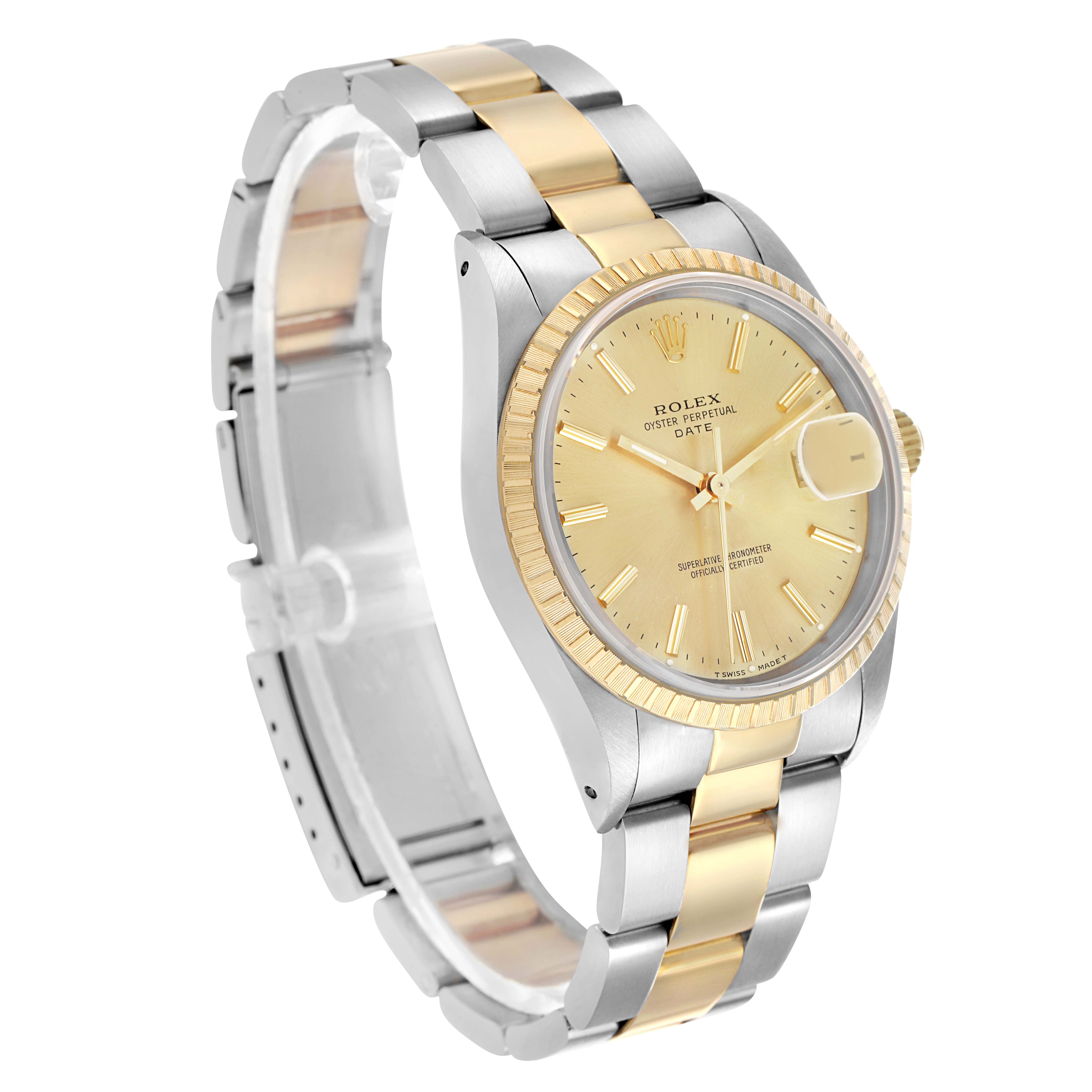 The Rolex Date 15223 Men's Steel and Gold (two tone) Champagne Dial model is shown at a three-quarter angle, displaying the dial, bezel, and bracelet.