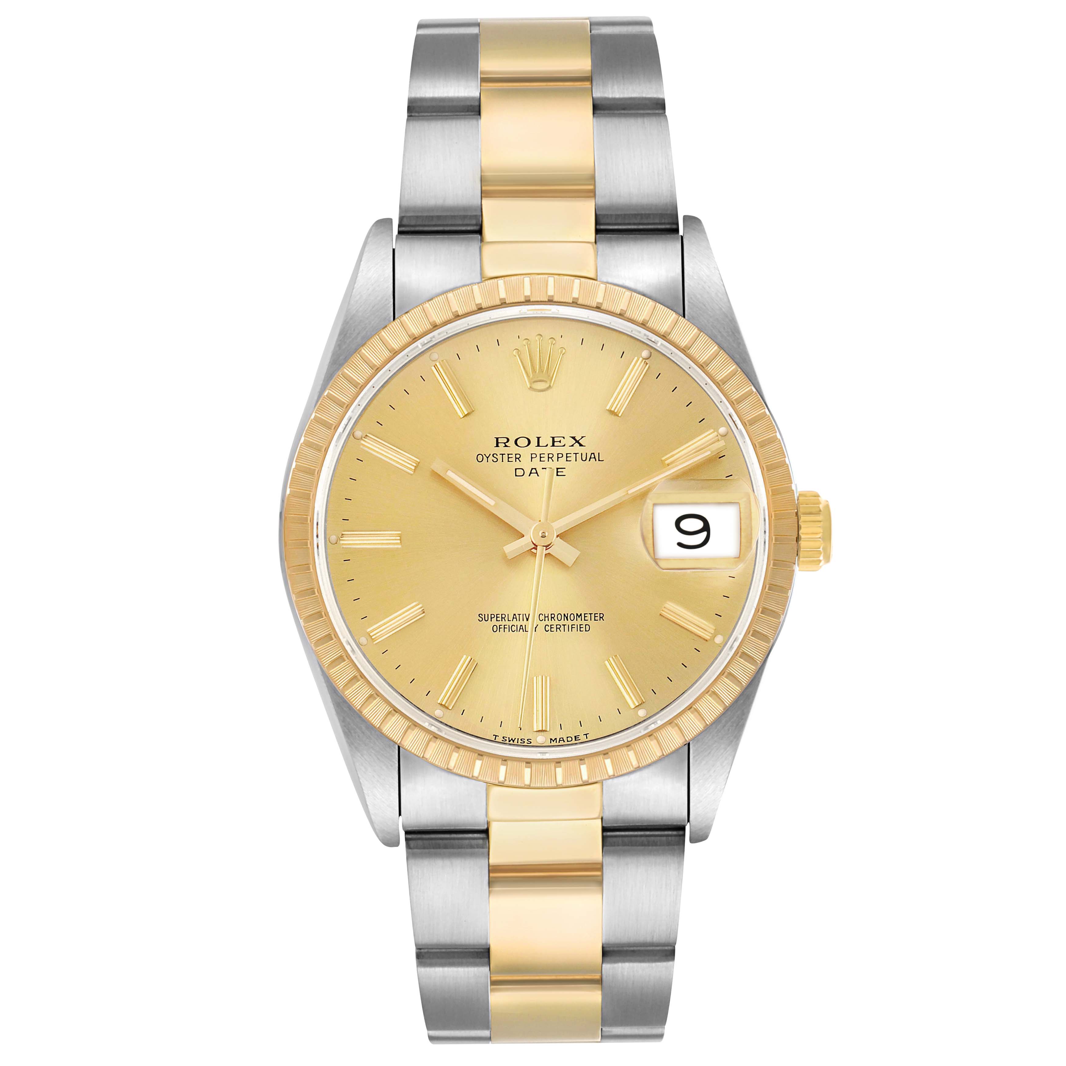 The Rolex Date 15223 Men's Steel and Gold (two tone) Champagne Dial model watch is shown from a top view, displaying its dial, bezel, and bracelet.