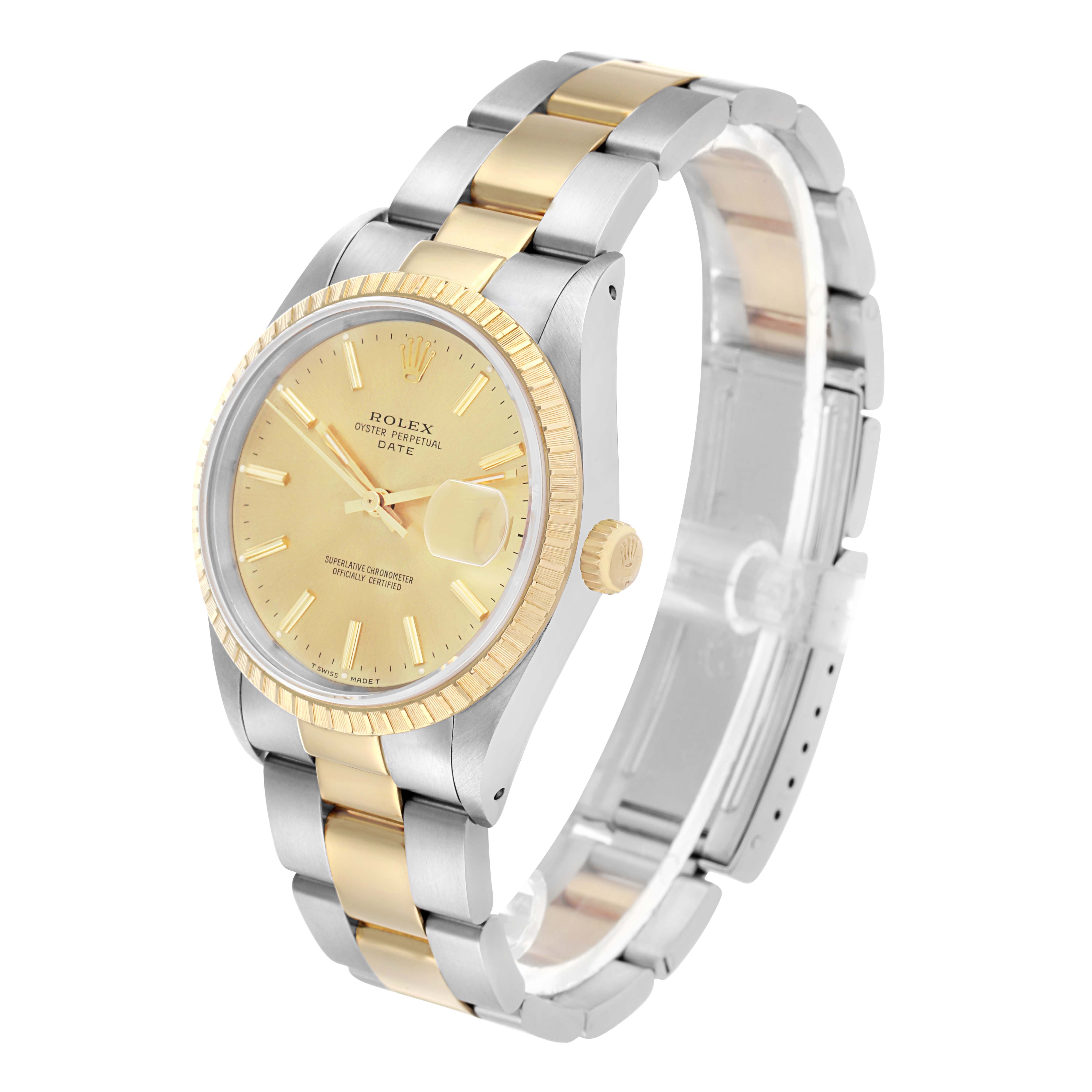 The Rolex Date 15223 Men's Steel and Gold (two tone) Champagne Dial watch is shown at an angle highlighting the face, bezel, crown, and two-tone bracelet.