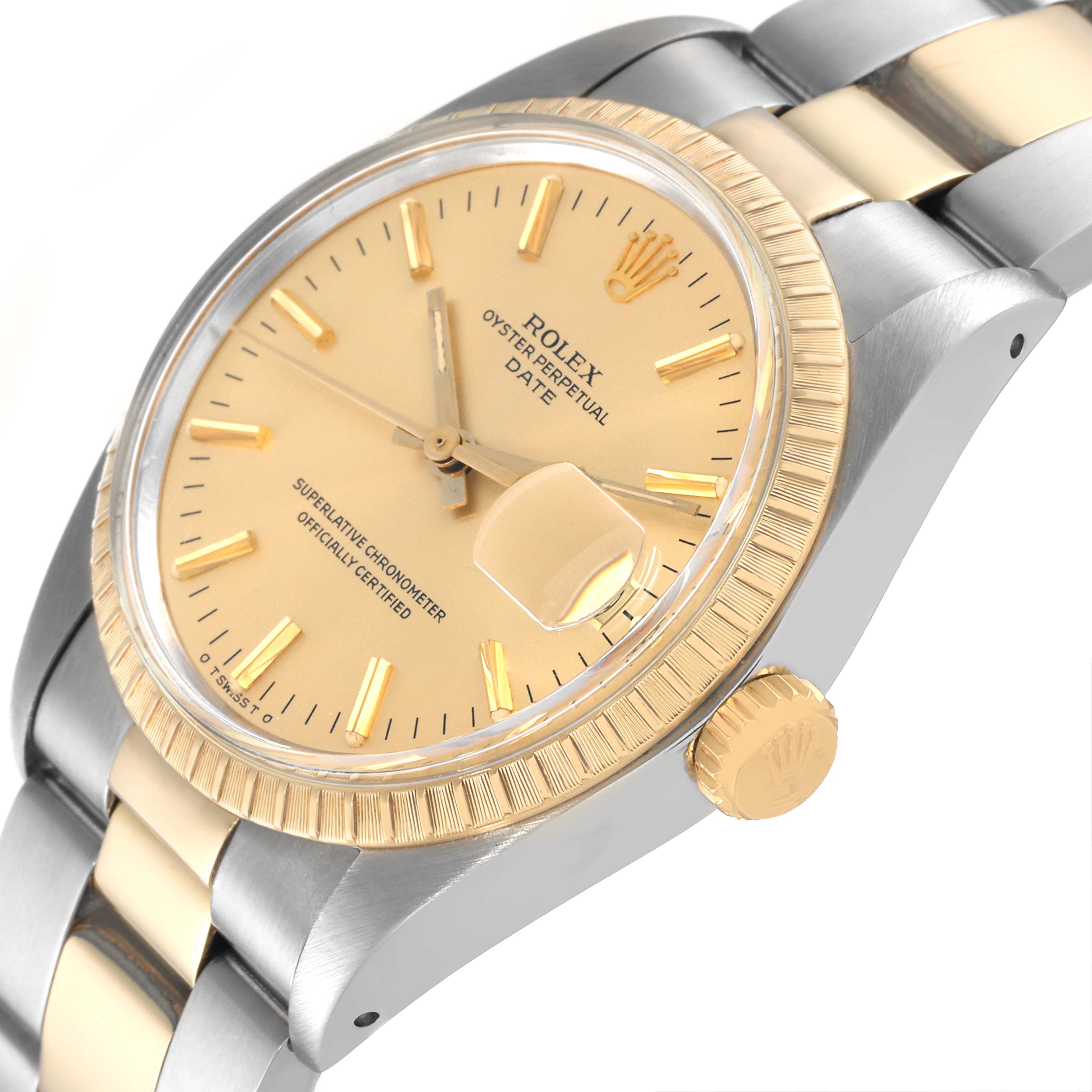 This Vintage Collection Rolex watch is shown at an angled view, highlighting the dial, bezel, crown, and part of the bracelet.