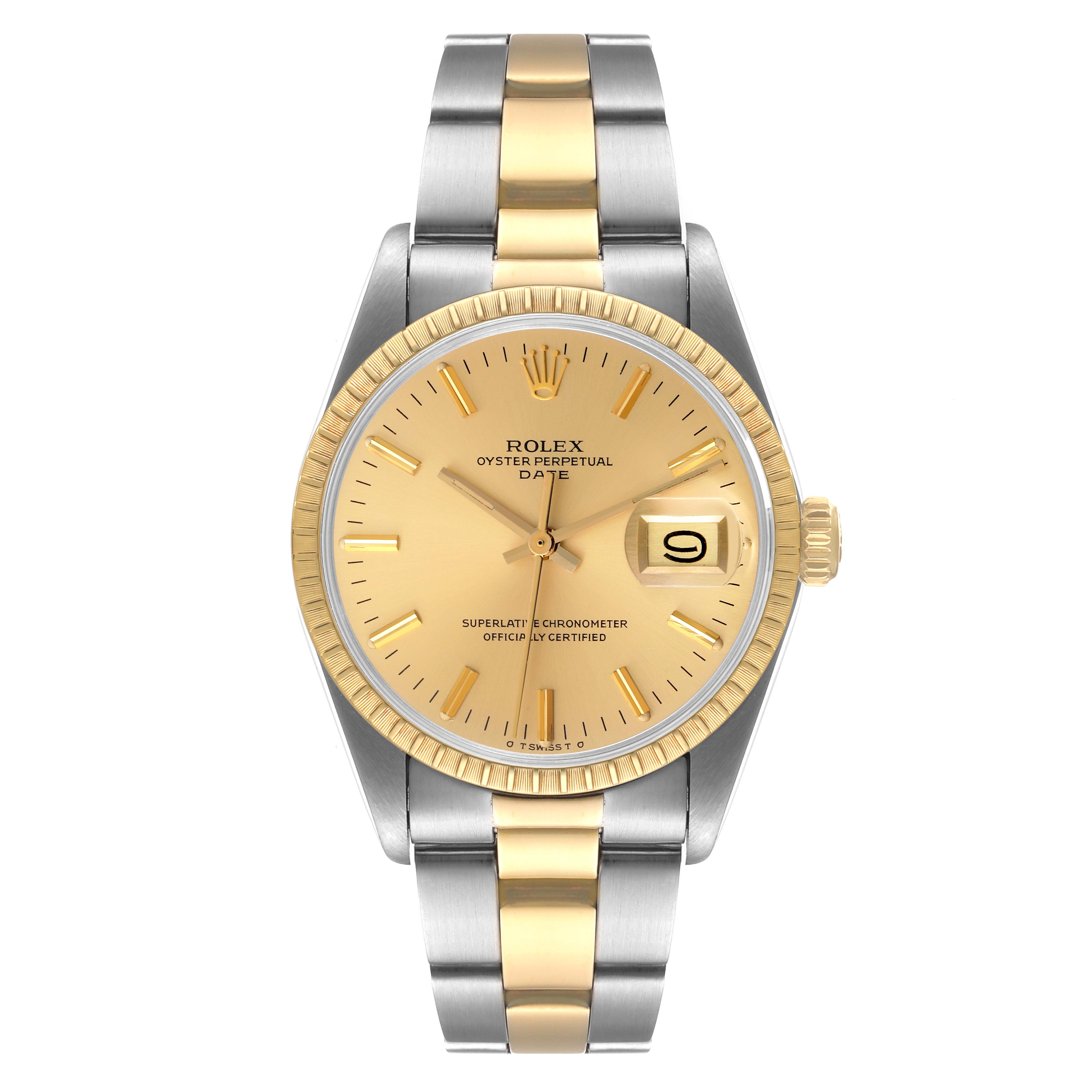 The image shows a full frontal view of a Rolex Vintage Collection 1505 Men
s Steel and Gold (two tone) Champagne Dial 1505 Men
s Steel and Gold (two tone) Champagne Dial Oyster Perpetual Date watch.