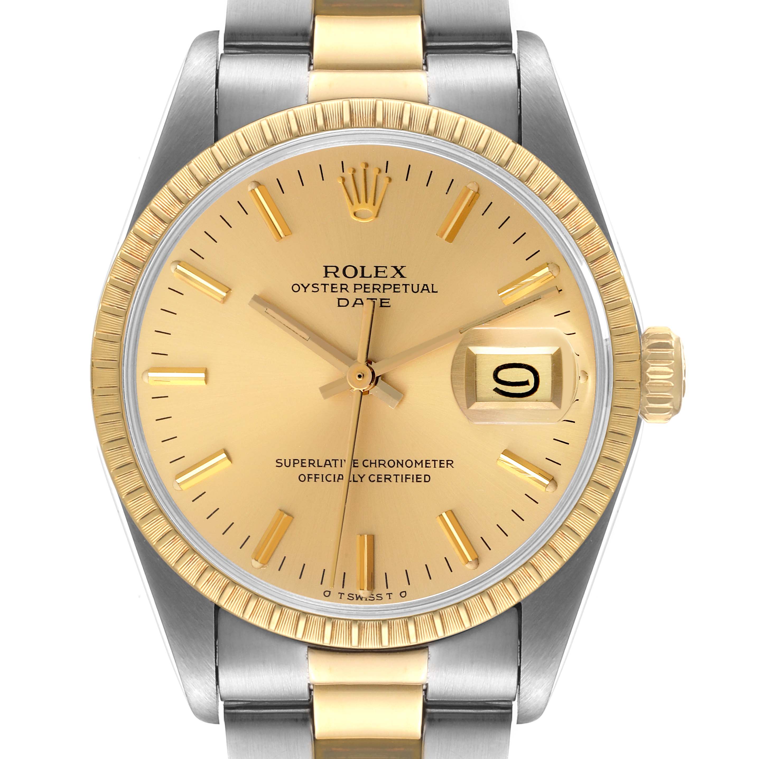 The image shows a top-down view of the Rolex Vintage Collection 1505 Men
s Steel and Gold (two tone) Champagne Dial 1505 Men
s Steel and Gold (two tone) Champagne Dial model highlighting the gold dial, bezel, date window, and two-tone bracelet.