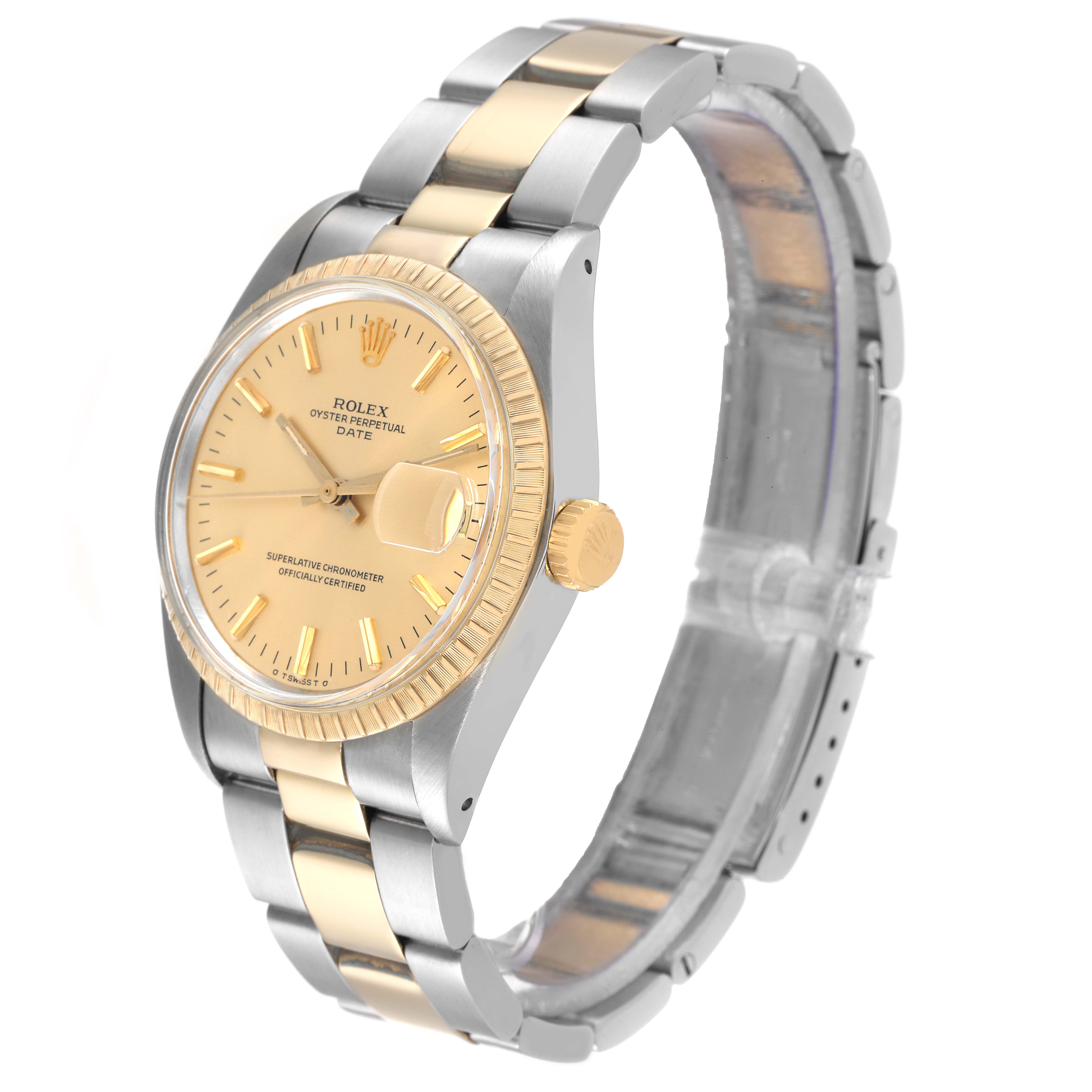 This Rolex Vintage Collection 1505 Men
s Steel and Gold (two tone) Champagne Dial 1505 Men
s Steel and Gold (two tone) Champagne Dial watch is shown at a slight left-side angle, highlighting its bezel, dial, crown, and bracelet.