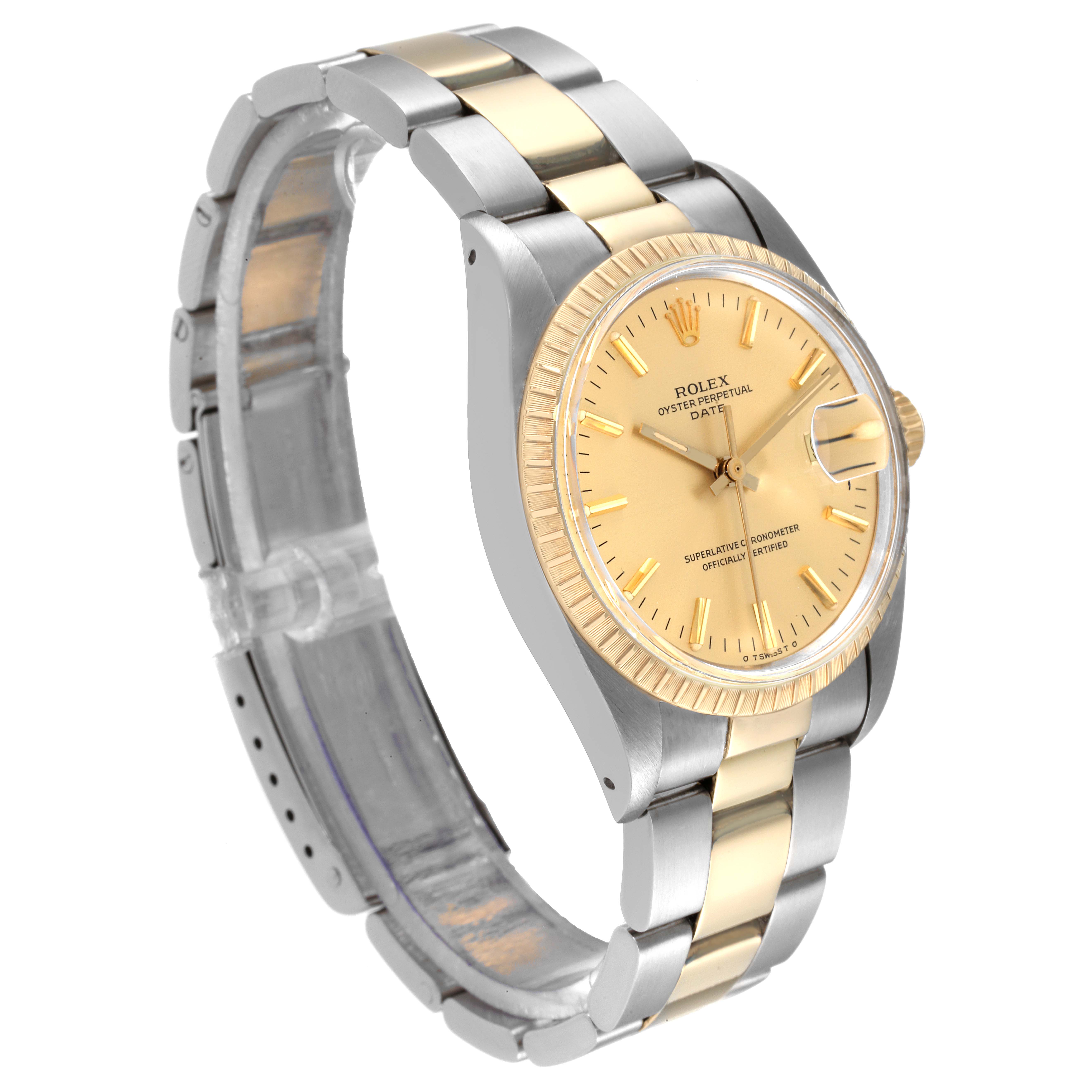 The Rolex Vintage Collection 1505 Men
s Steel and Gold (two tone) Champagne Dial 1505 Men
s Steel and Gold (two tone) Champagne Dial watch is shown at a front-left angle, displaying the bracelet and face with gold detailing.