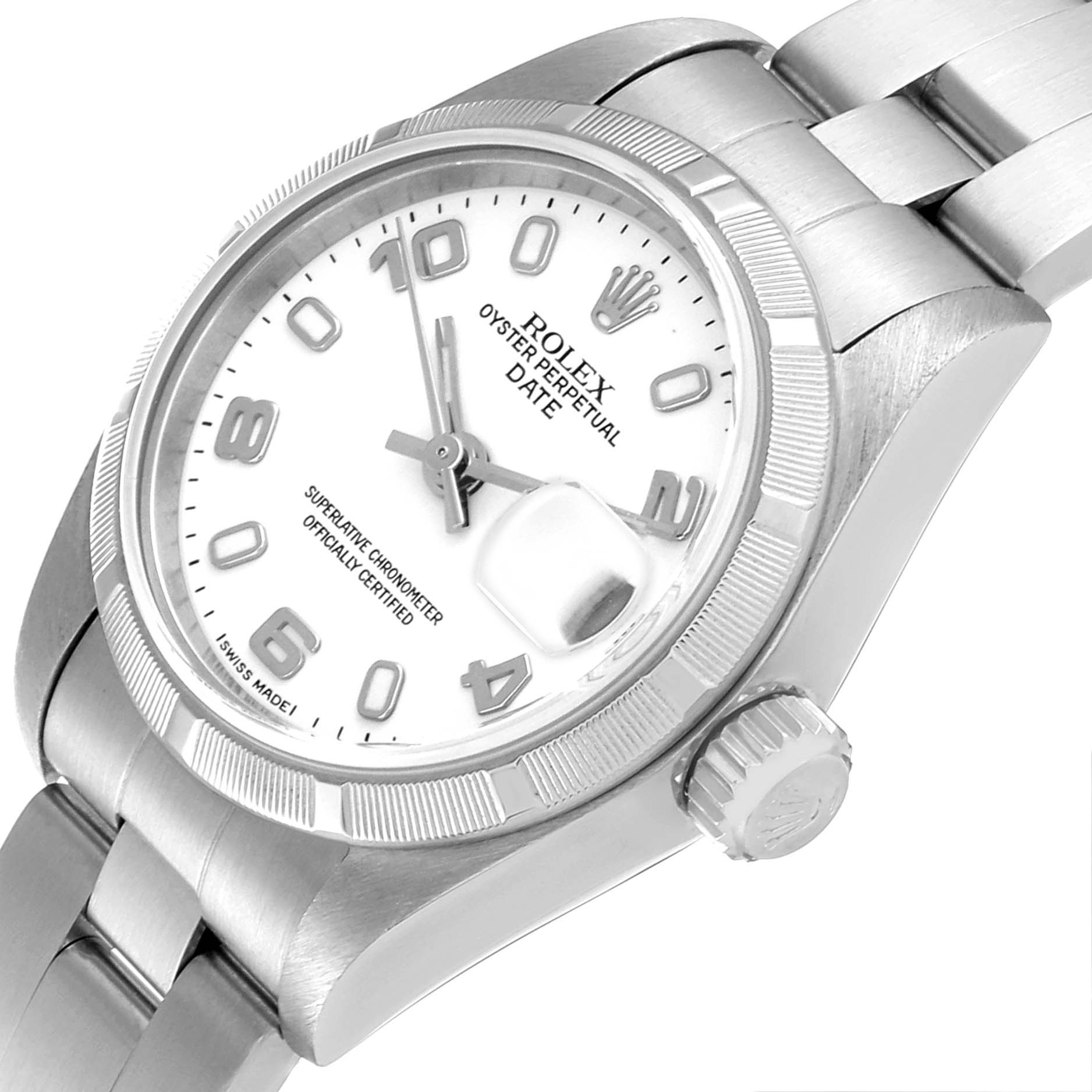 The Rolex Date 79190 Women's Stainless Steel White Dial 79190 Women's Stainless Steel White Dial model watch is shown at an angled close-up, highlighting the dial, bezel, and part of the bracelet.