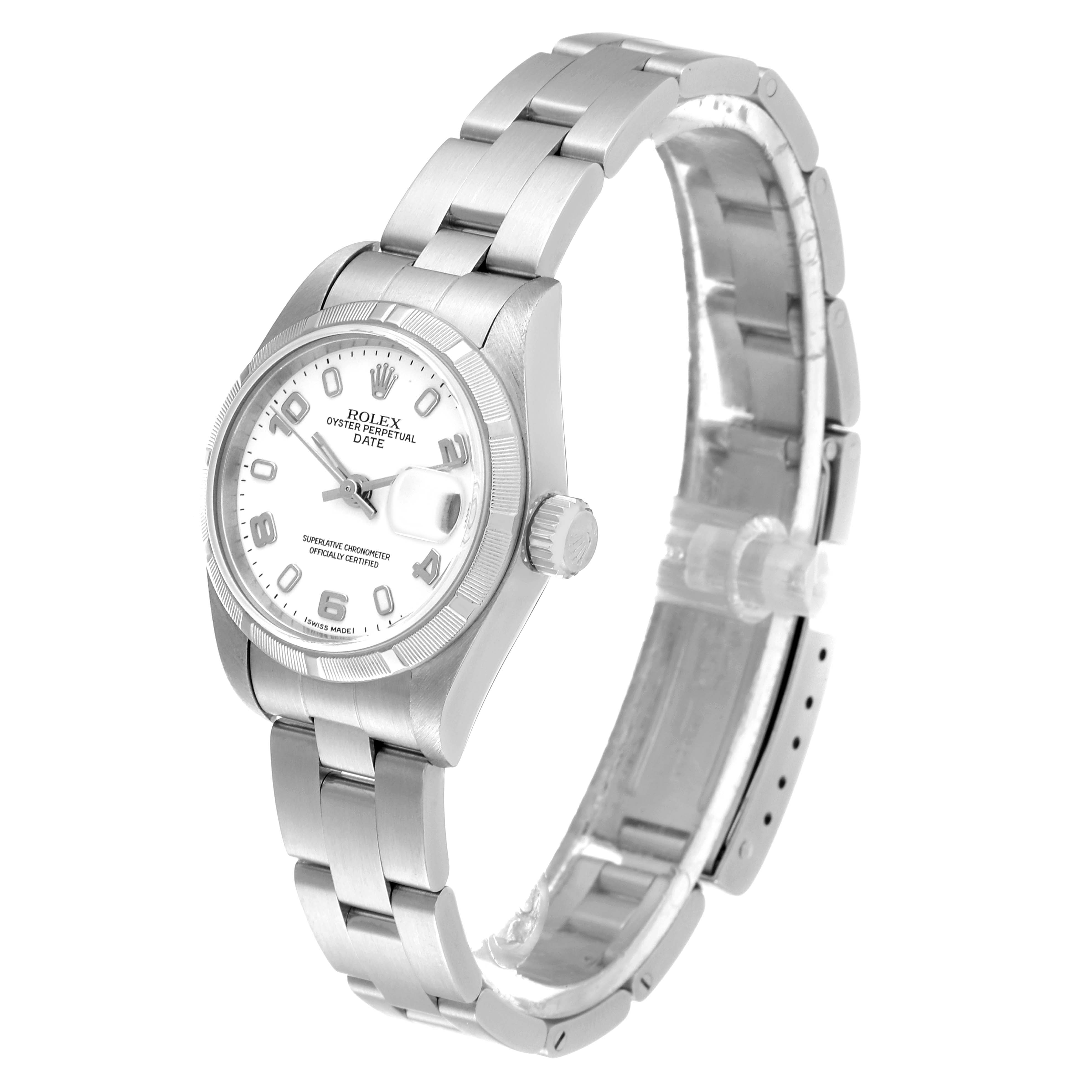 The image shows a Rolex Date 79190 Women's Stainless Steel White Dial 79190 Women's Stainless Steel White Dial model watch from a slight angle, highlighting the face, bezel, crown, and bracelet.