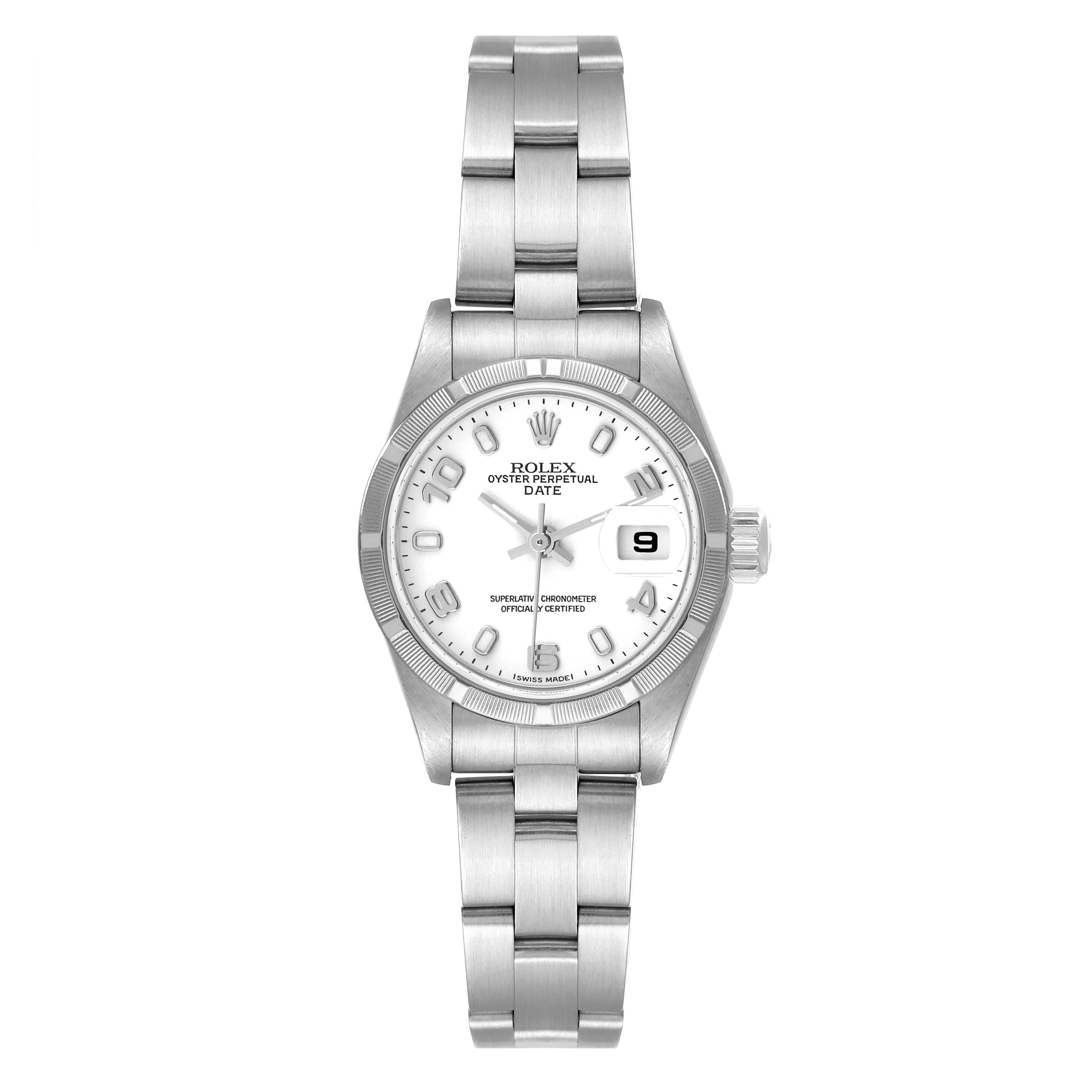 The image shows a front view of the Rolex Date 79190 Women's Stainless Steel White Dial 79190 Women's Stainless Steel White Dial model watch, showcasing its face and bracelet.