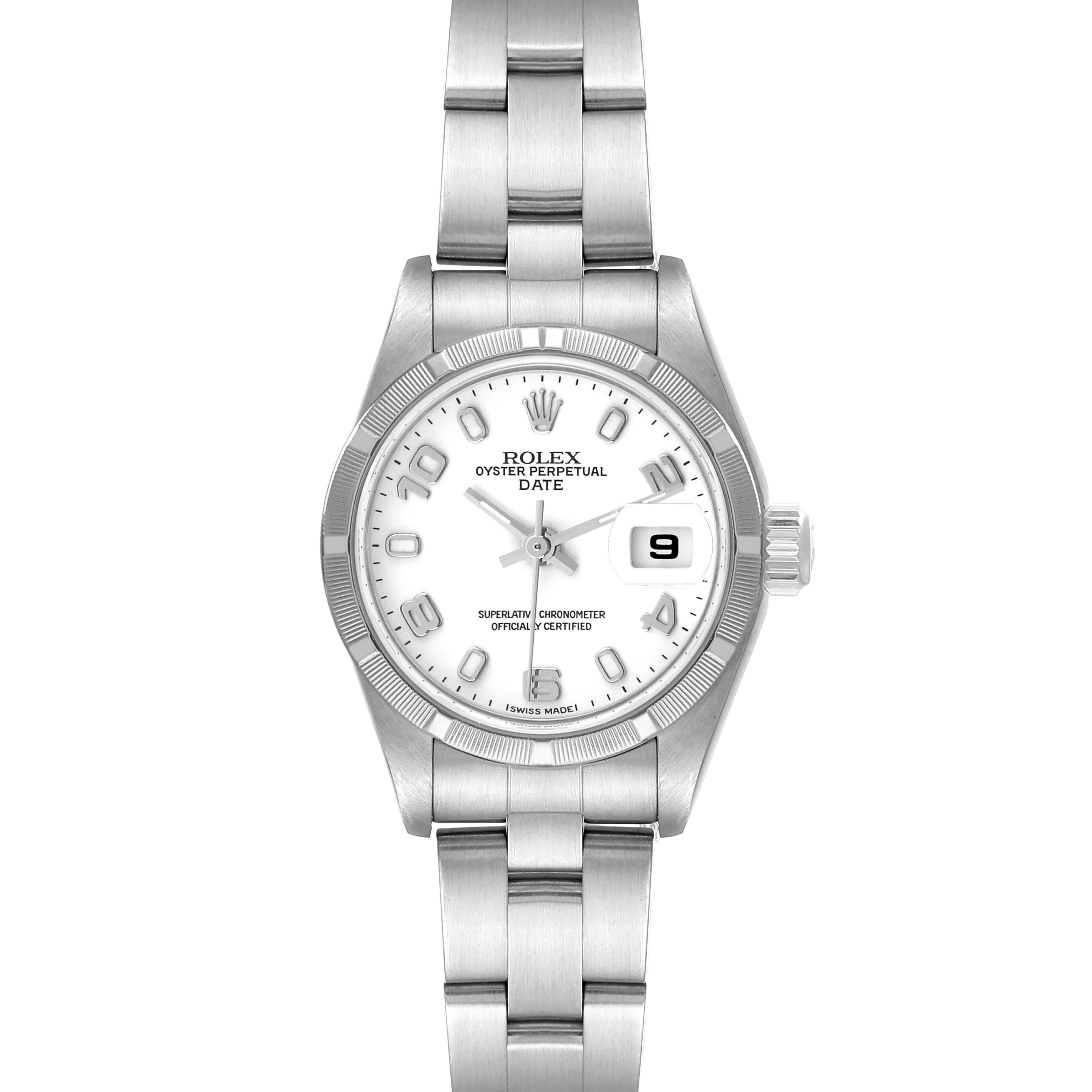 This image shows a front view of a Rolex Oyster Perpetual Date watch, displaying the dial, bezel, crown, and bracelet.