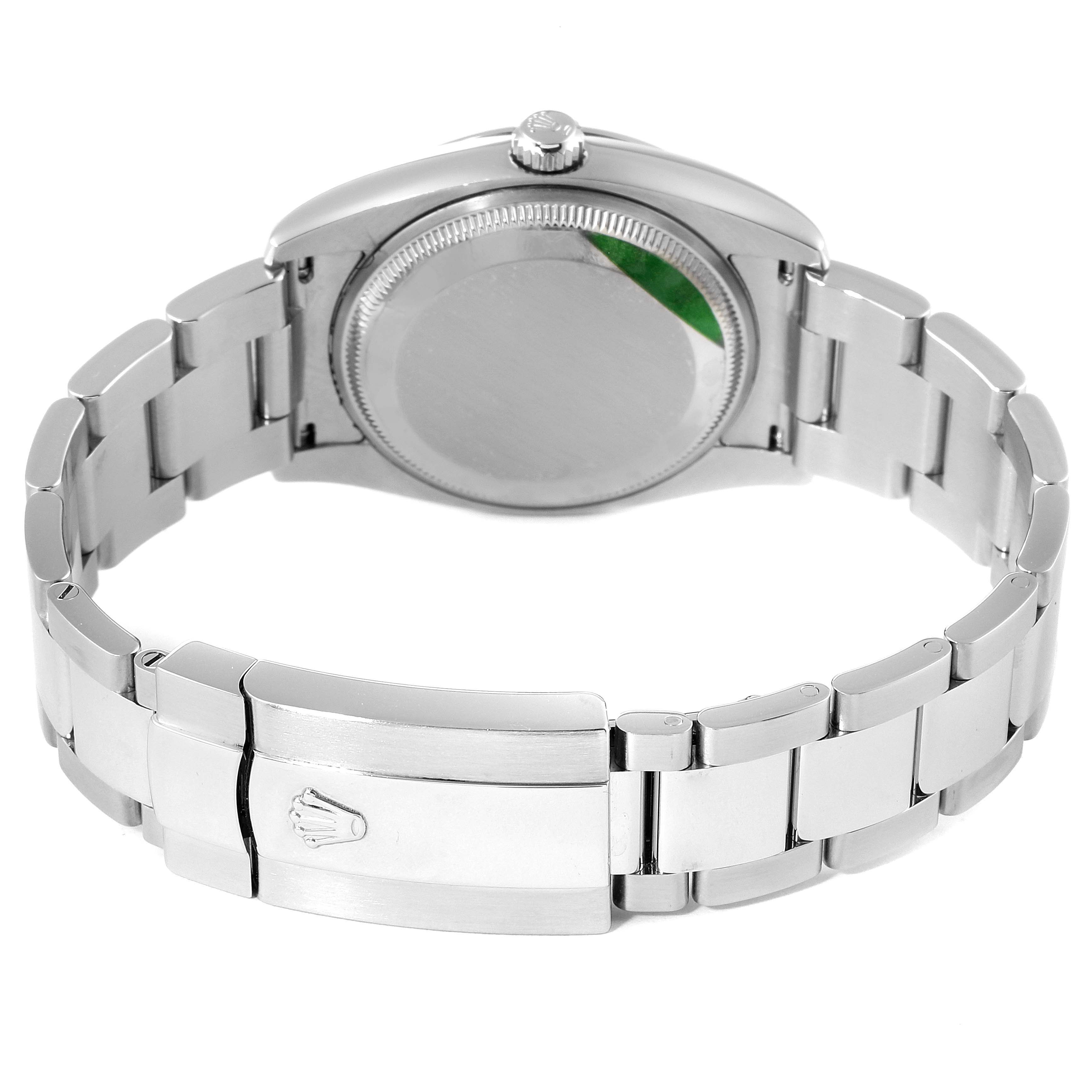 The image shows the back view of a Rolex Date 115200 Men's Stainless Steel White Dial 115200 Men's Stainless Steel White Dial watch, highlighting its stainless steel bracelet and clasp.