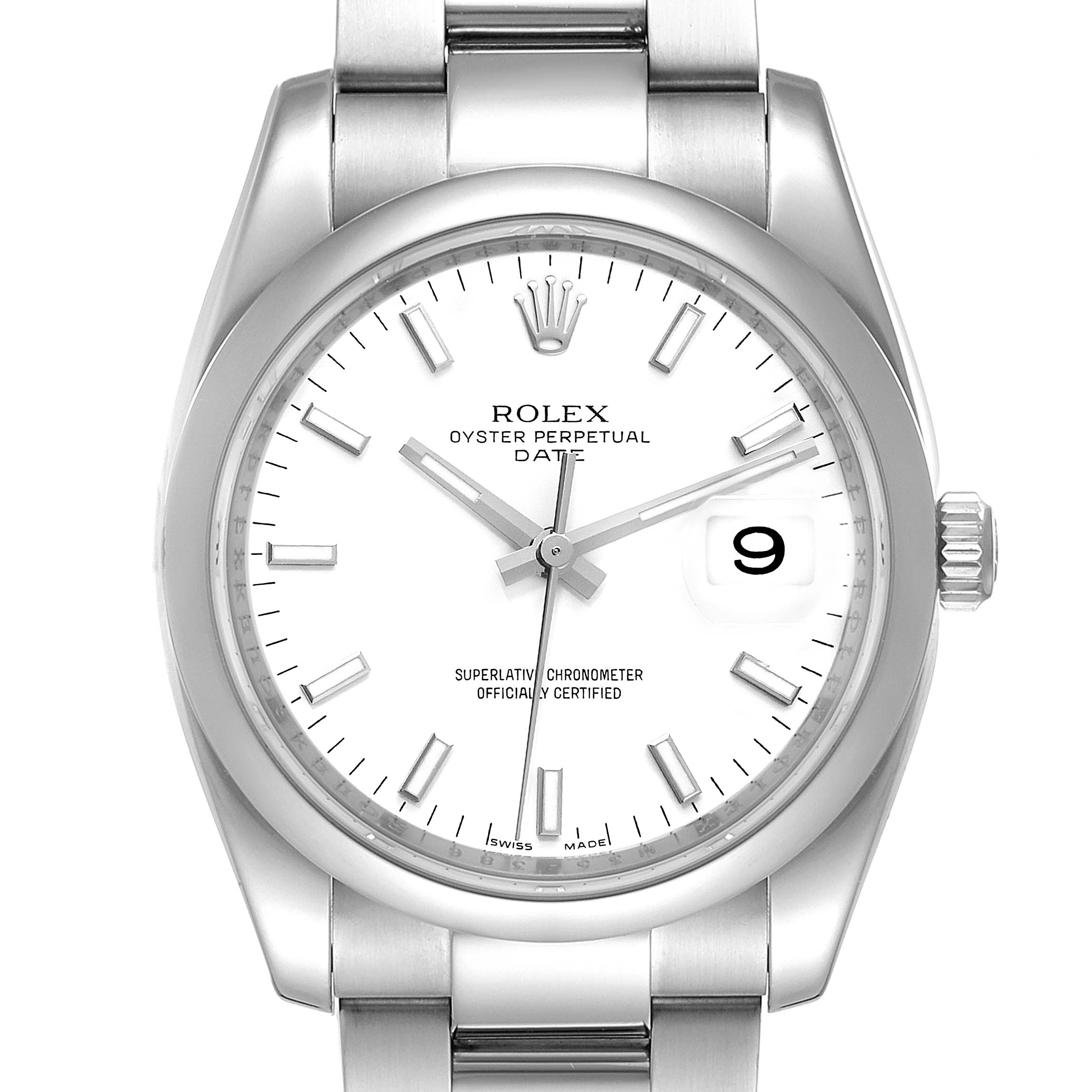 This Rolex Date 115200 Men's Stainless Steel White Dial 115200 Men's Stainless Steel White Dial model watch is shown from a front angle, highlighting the dial, hands, date display, and a portion of the bracelet.