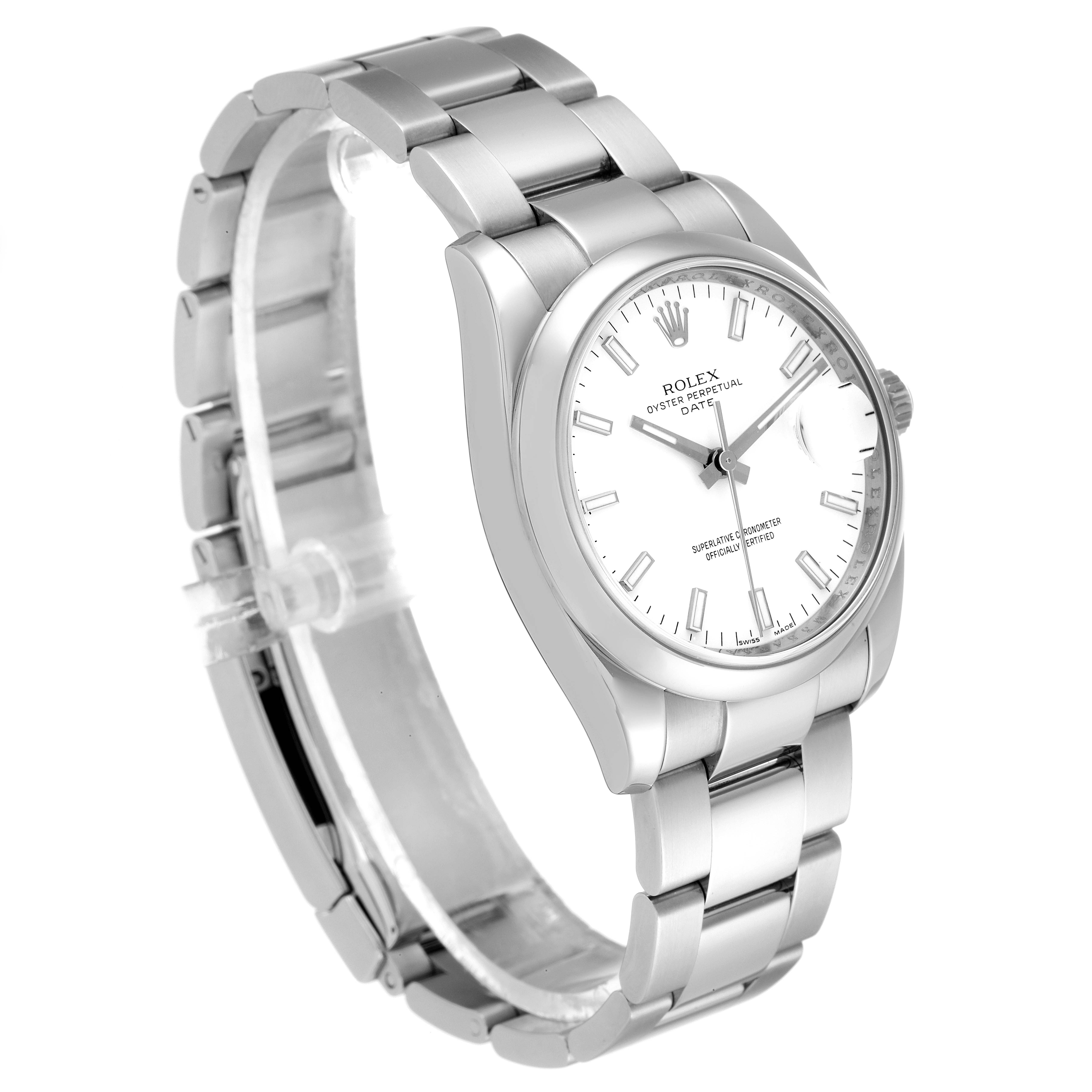 The image shows a stainless steel Rolex Date 115200 Men's Stainless Steel White Dial 115200 Men's Stainless Steel White Dial model, showcasing the face, bracelet, bezel, and crown at a three-quarter angle.