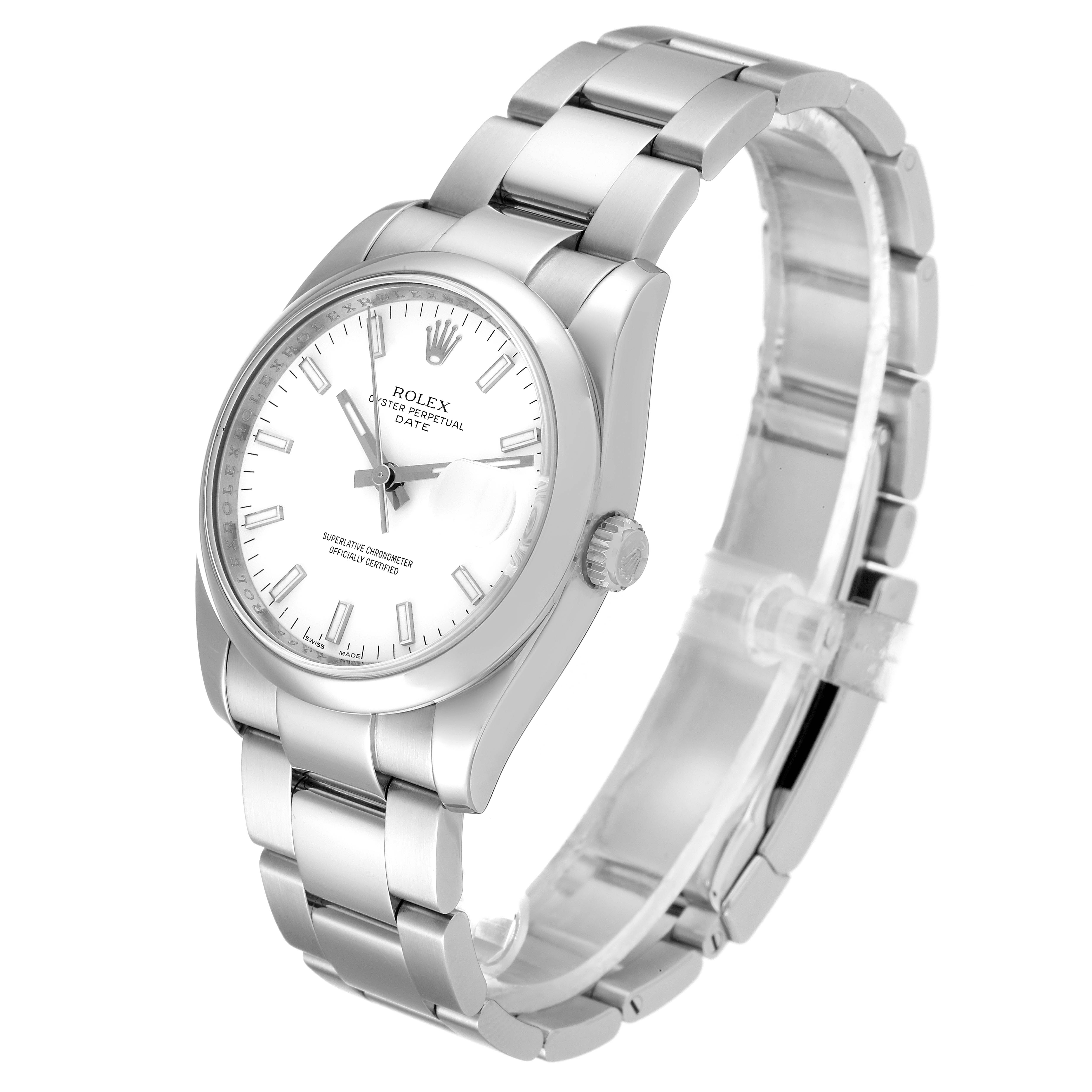 The image shows a Rolex Date 115200 Men's Stainless Steel White Dial 115200 Men's Stainless Steel White Dial model watch from a front-side angle, highlighting the dial, bezel, and bracelet.
