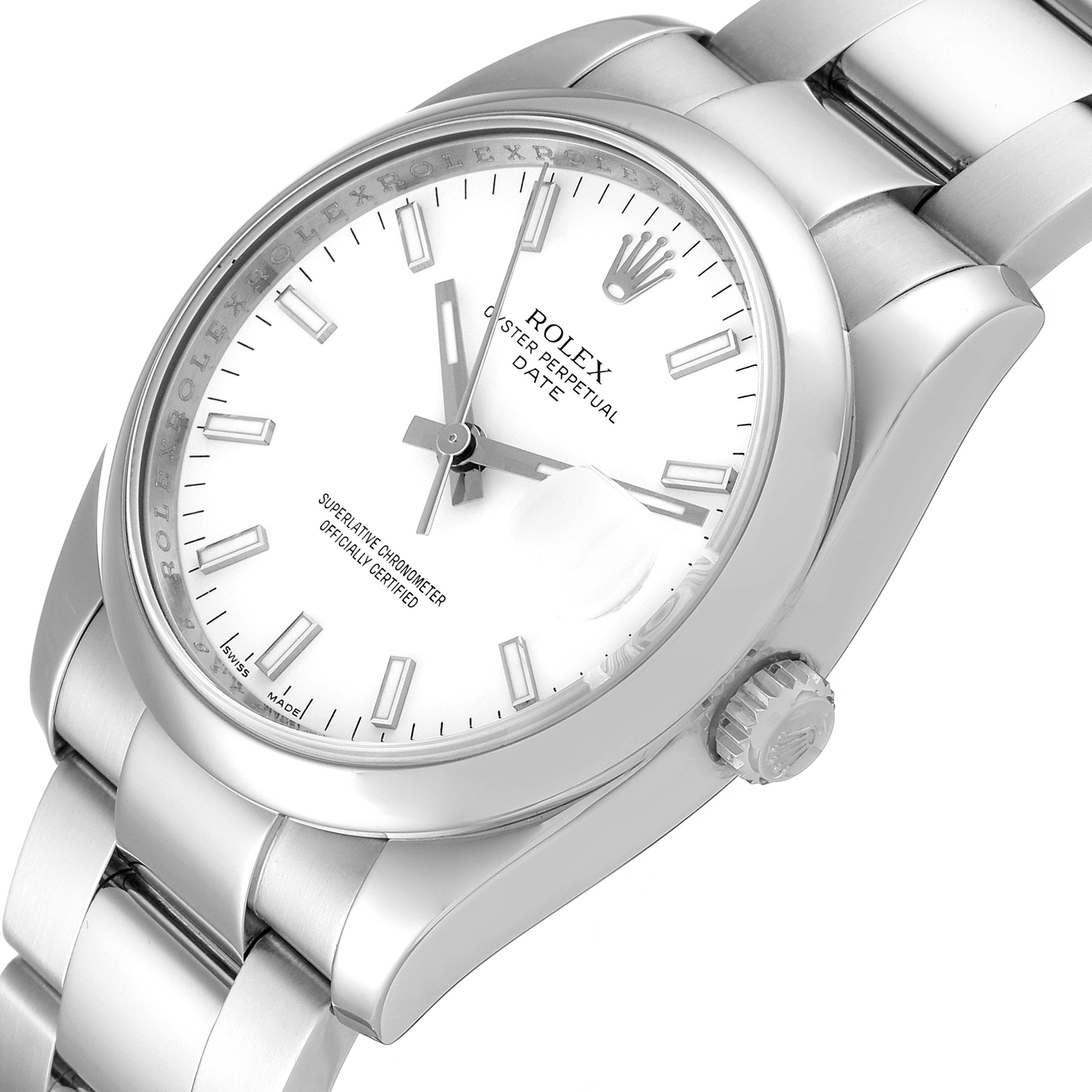 The image shows a Rolex Date 115200 Men's Stainless Steel White Dial 115200 Men's Stainless Steel White Dial model watch, angled to display the face, dial, crown, and part of the bracelet.