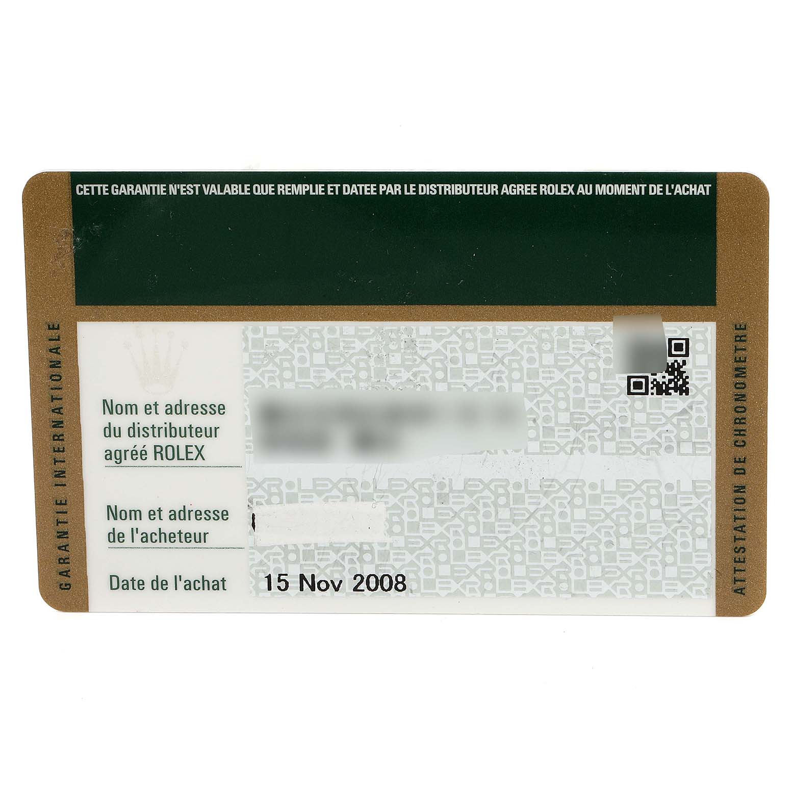 This image shows a warranty card for a Rolex Date 115200 Men's Stainless Steel White Dial 115200 Men's Stainless Steel White Dial model watch, detailing the purchase date and distributor information.