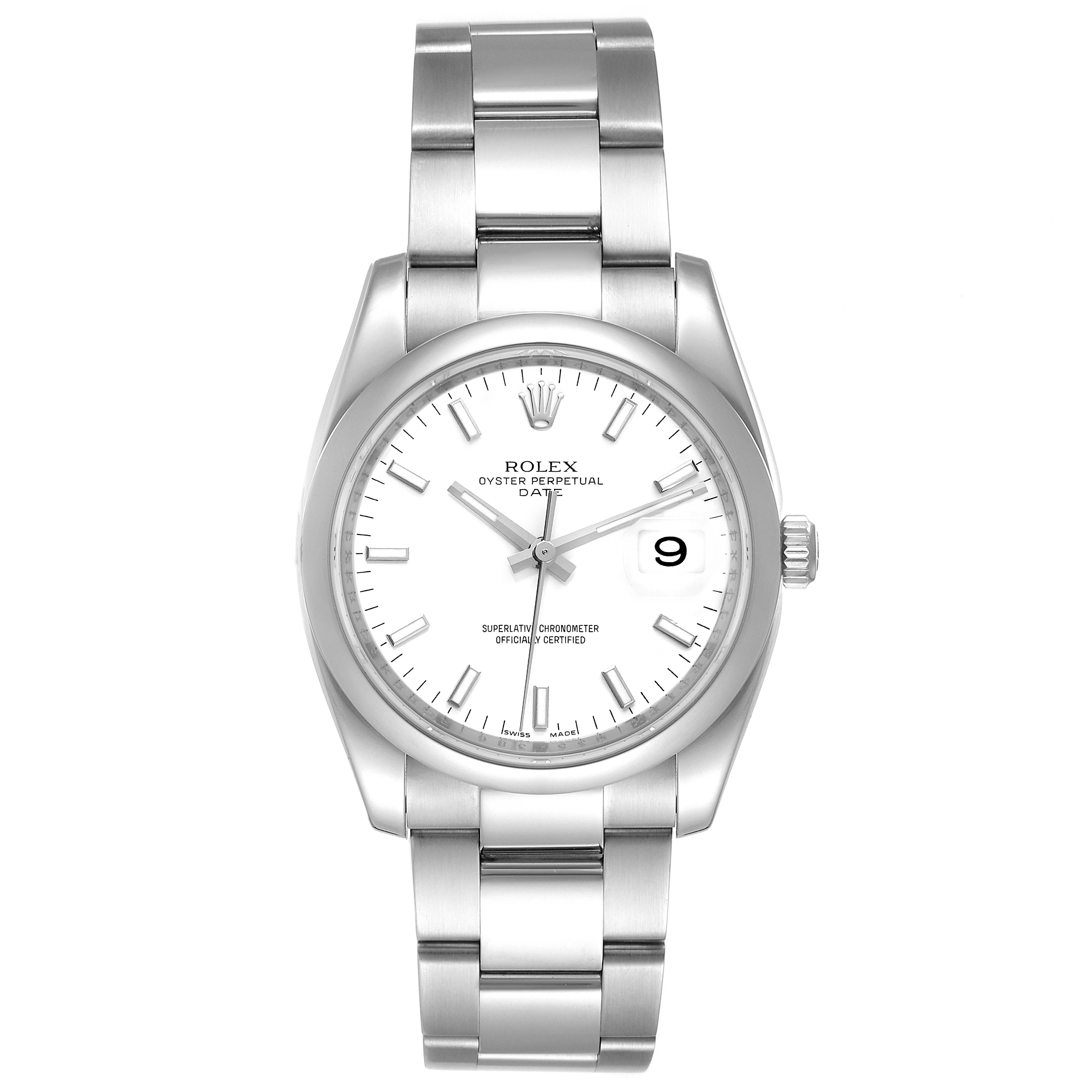 The image shows a frontal view of a Rolex Date 115200 Men's Stainless Steel White Dial 115200 Men's Stainless Steel White Dial model watch, highlighting the face, dial, and bracelet.