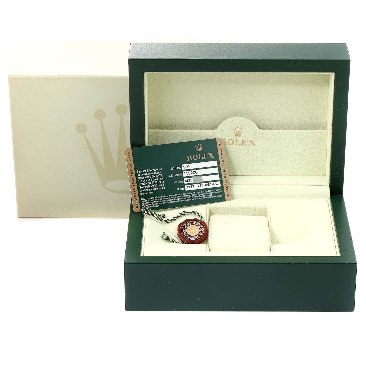 This image shows the open box of a Rolex Date 115200 Men's Stainless Steel White Dial 115200 Men's Stainless Steel White Dial model with its certification card and tag.