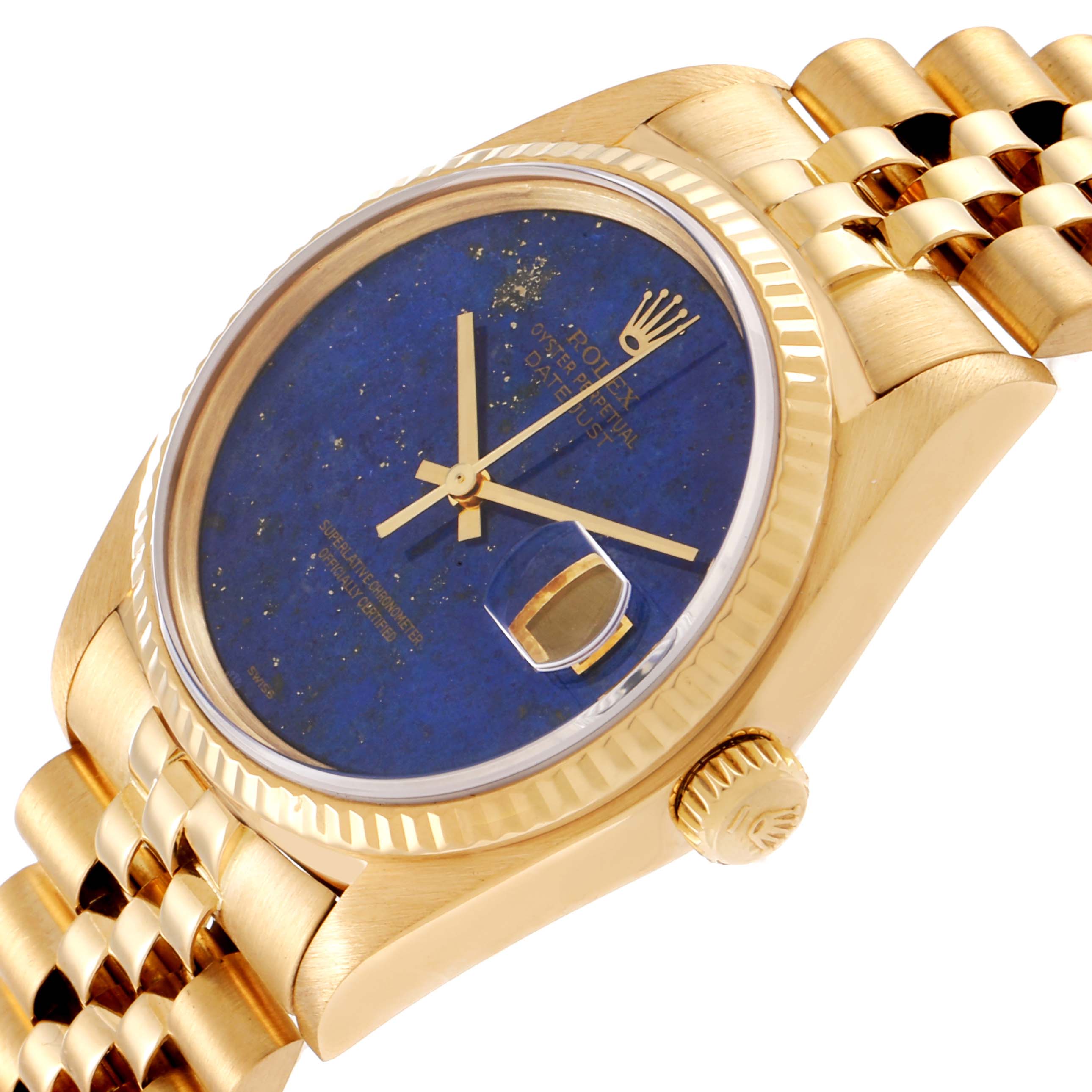 This image shows a side angle of a Rolex President 16018 Men's Yellow Gold Blue Dial 16018 Men's Yellow Gold Blue Dial model watch, highlighting its blue dial, gold casing, and the crown.