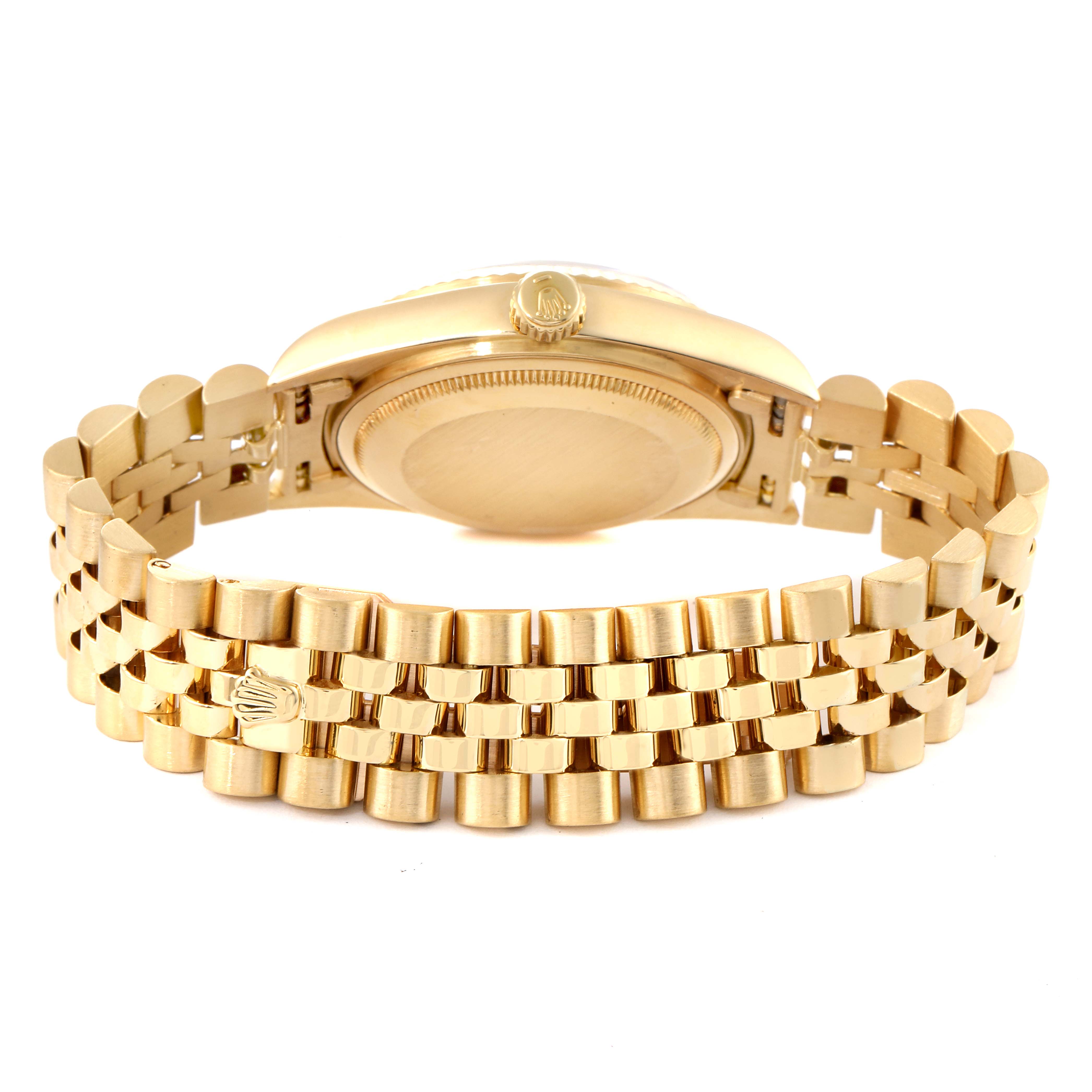 The image shows the backside and bracelet of a Rolex President 16018 Men's Yellow Gold Blue Dial 16018 Men's Yellow Gold Blue Dial model watch, highlighting its gold links and the crown logo.