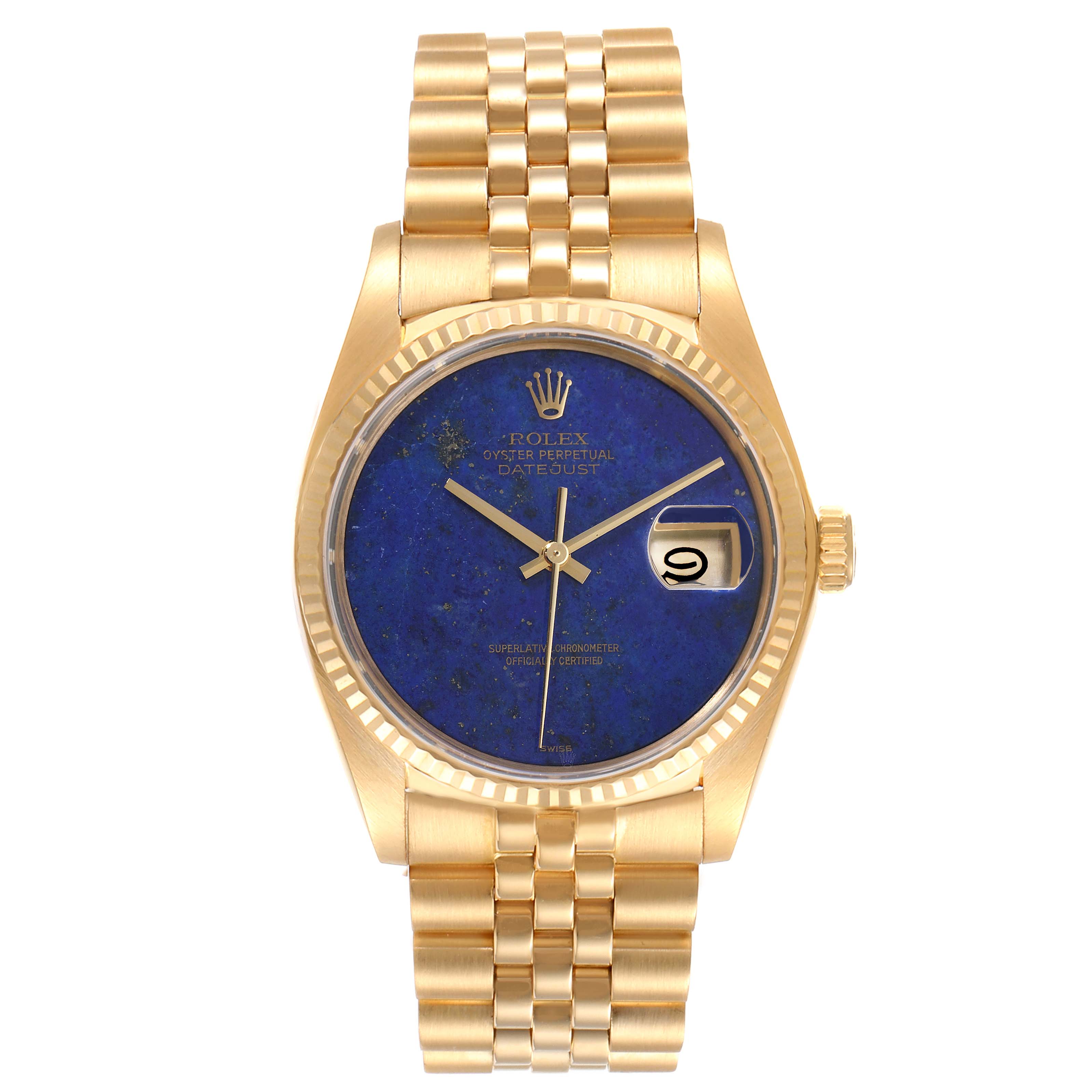 The Rolex President 16018 Men's Yellow Gold Blue Dial 16018 Men's Yellow Gold Blue Dial model watch is shown from a front angle, displaying its face, bezel, crown, and bracelet.