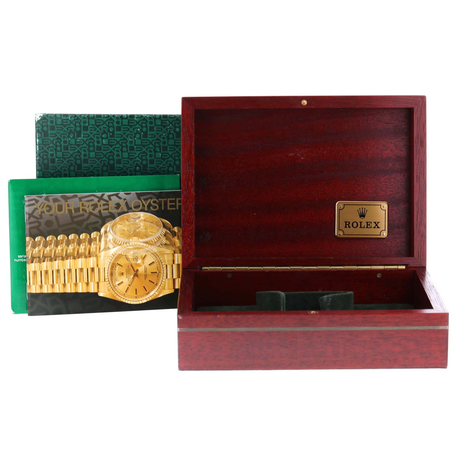 This image shows an open Rolex President 16018 Men's Yellow Gold Blue Dial 16018 Men's Yellow Gold Blue Dial model watch box with accompanying booklets and documents.
