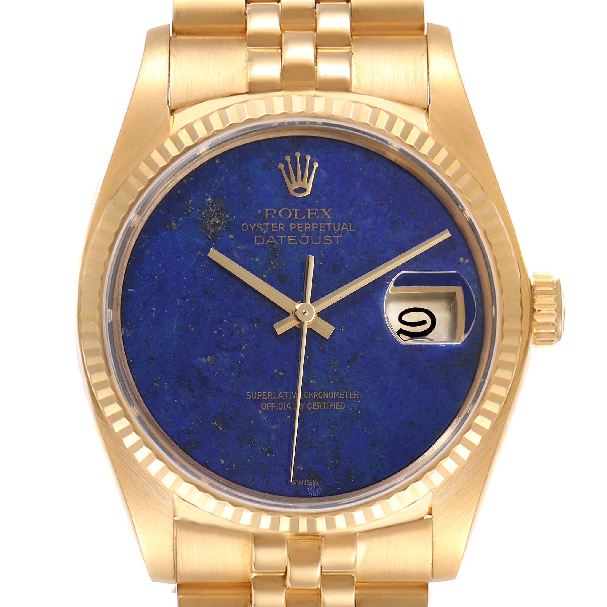 This image shows a frontal view of the Rolex President 16018 Men's Yellow Gold Blue Dial 16018 Men's Yellow Gold Blue Dial model watch, highlighting the dial, hands, date window, and bracelet.