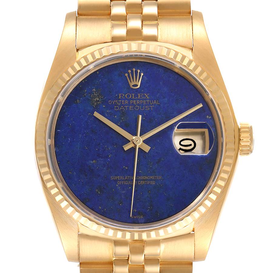 Rolex Datejust 18k Yellow Gold Lapis Lazuli Dial Vintage Mens Watch 16018 SwissWatchExpo