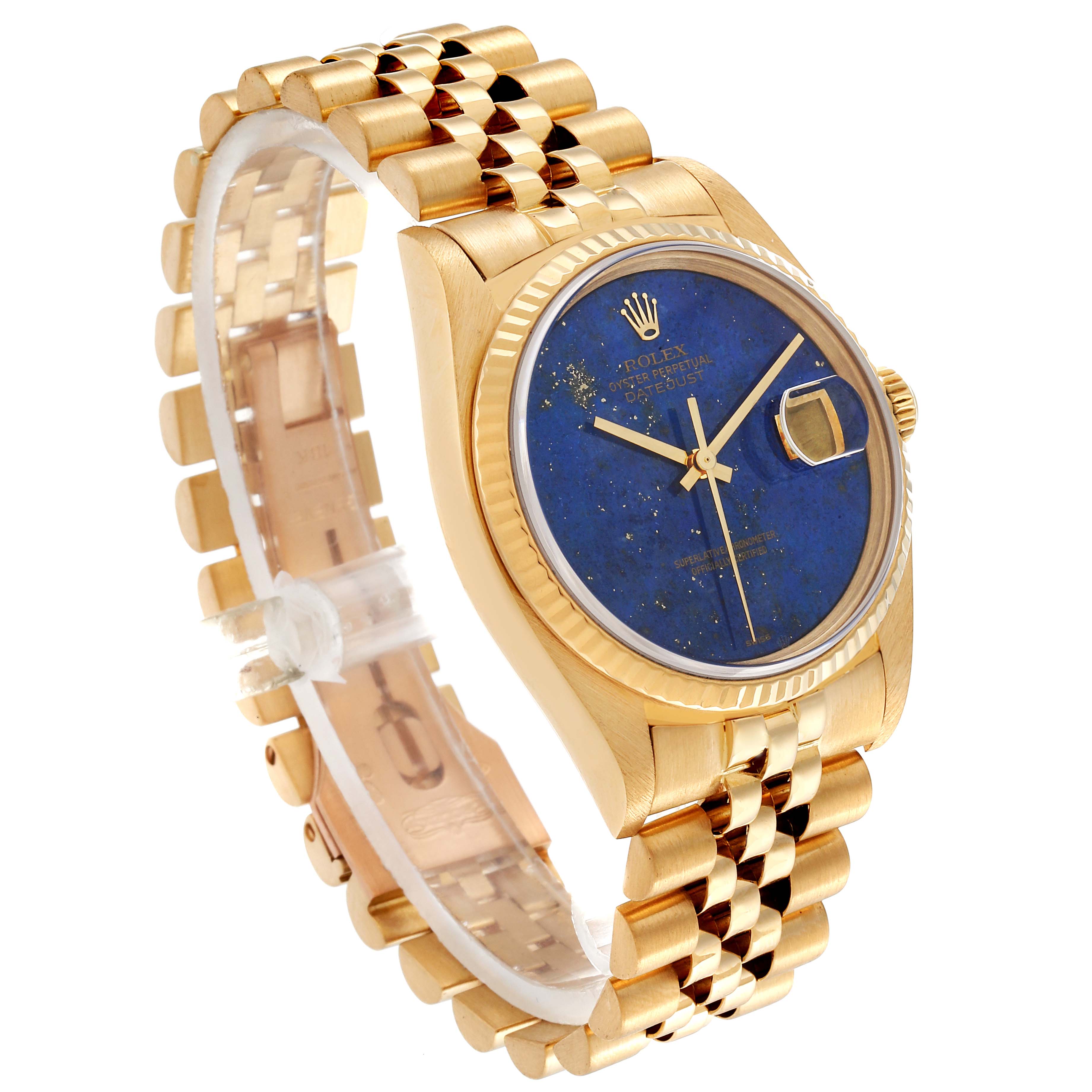 This image shows the Rolex President 16018 Men's Yellow Gold Blue Dial 16018 Men's Yellow Gold Blue Dial model watch angled from the top-right, highlighting the face, bezel, and partial bracelet.